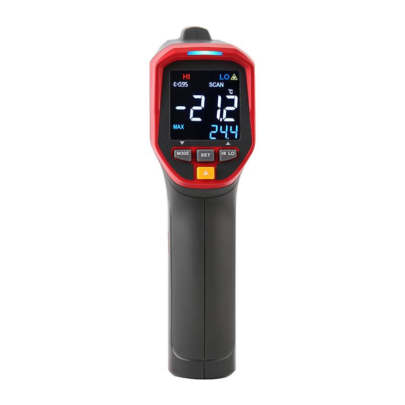 Front view of the UNI-T UT305S infrared thermometer measuring a sub-zero temperature of -21.2 degrees Celsius.