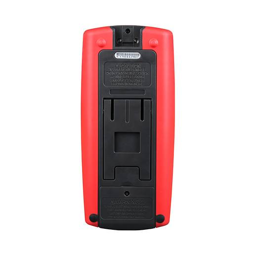 Rückseite des UNI-T UT71C Digital-Multimeters mit integriertem Standfuß und Batteriefach, geschützt durch ein robustes rotes Gehäuse.