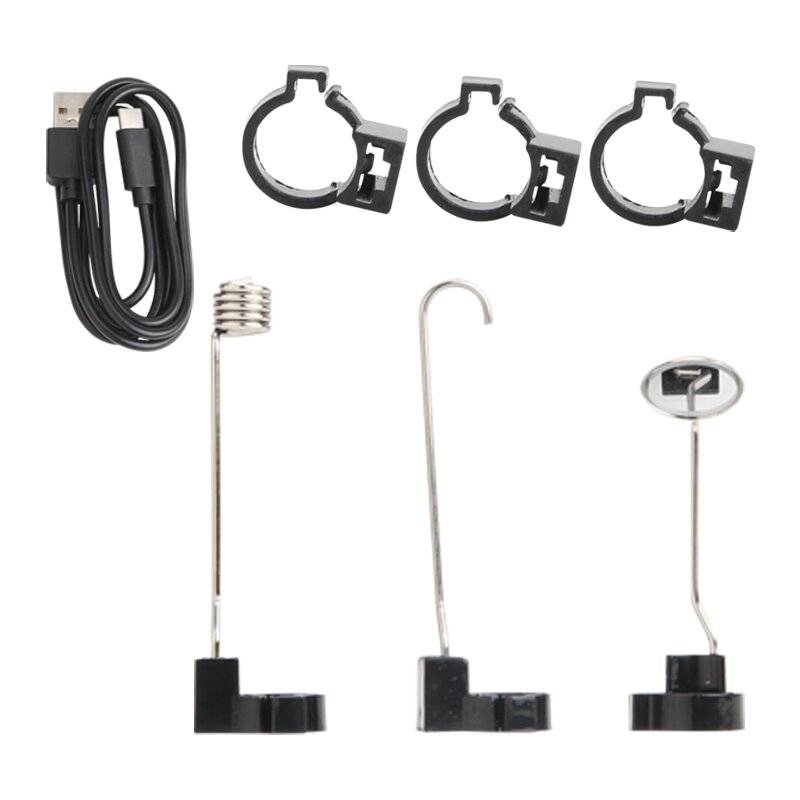 Mitgeliefertes Zubehör für das UNI-T UT667-5m Endoskop: Haken-, Magnet- und Spiegelaufsatz sowie USB-Kabel und Befestigungsclips.