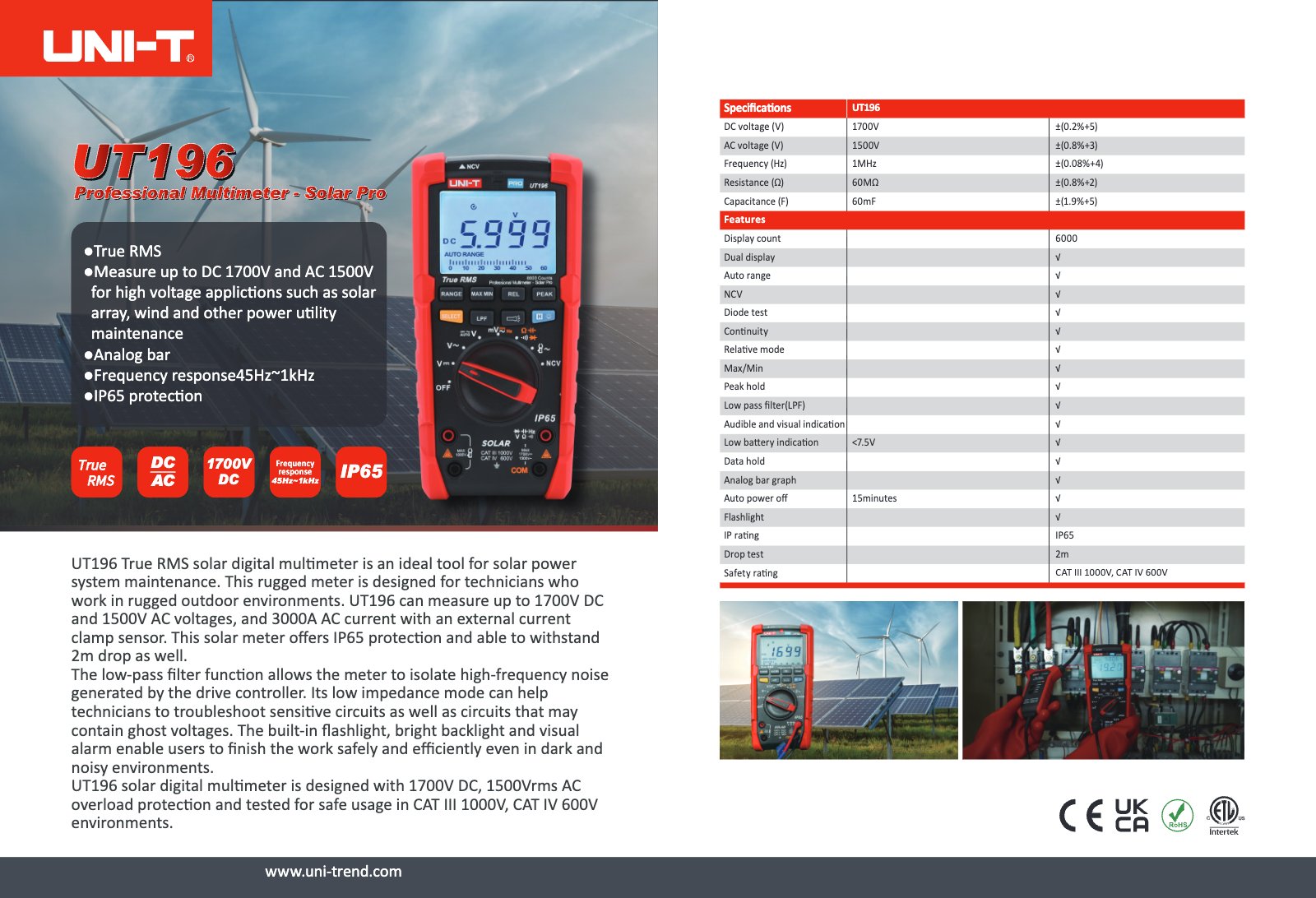 Technical datasheet page 1: specifications and features of the UT196 solar multimeter.