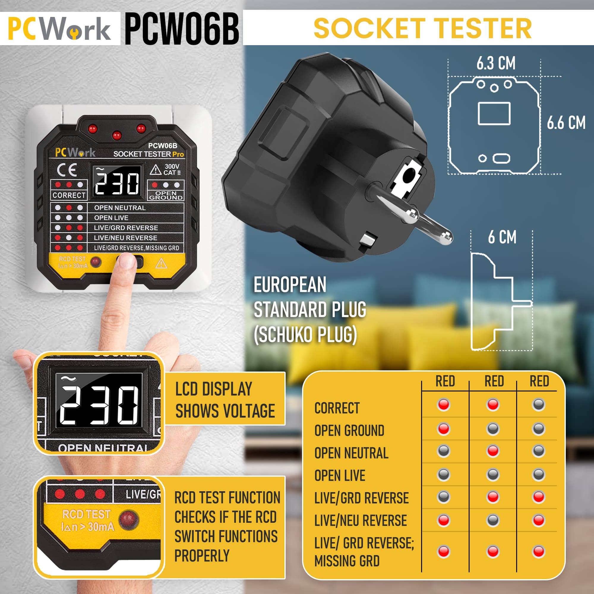 PCW06B Socket tester, RCD tester, CAT II 300V 