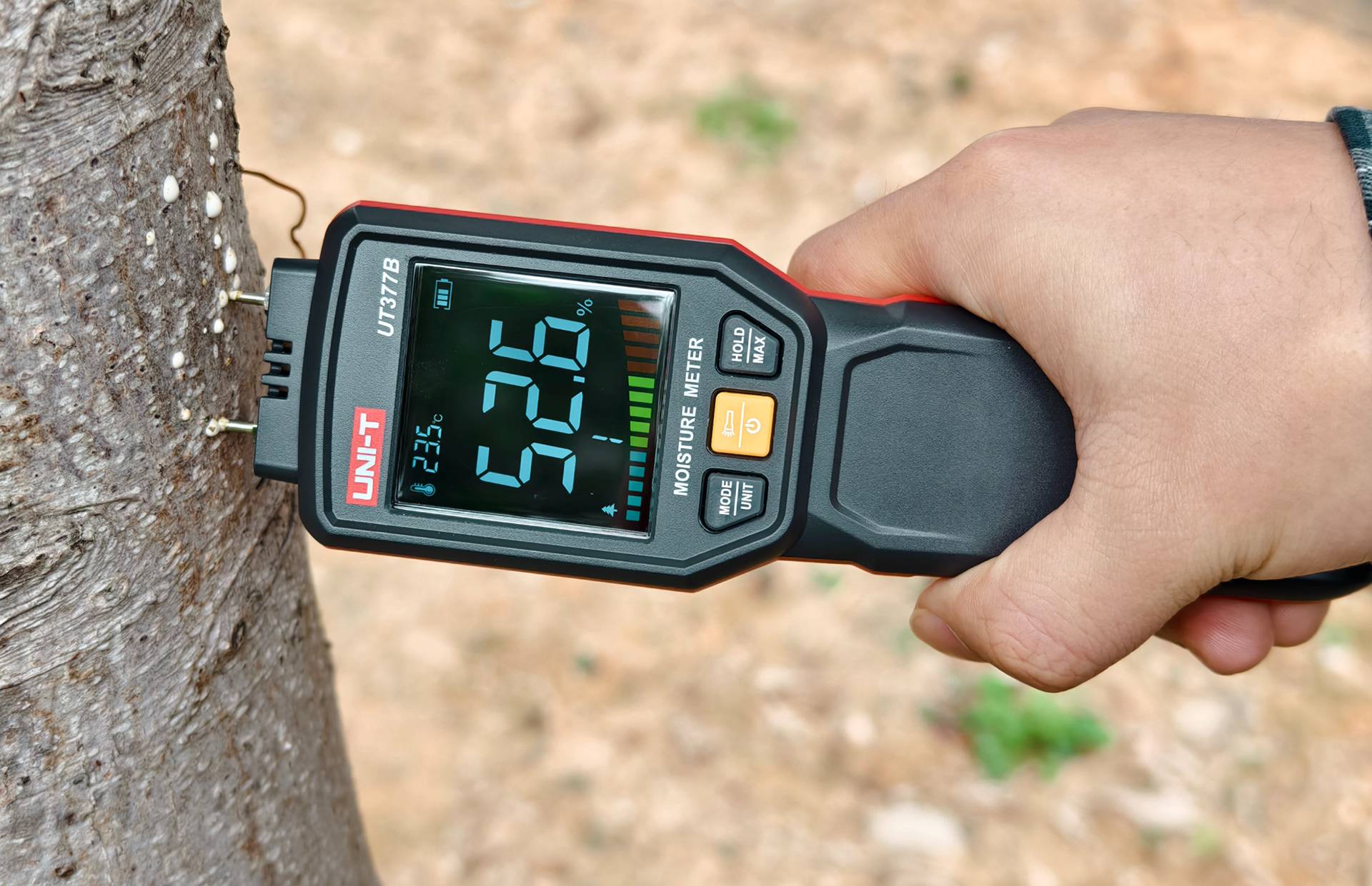 Das UNI-T UT377B im Einsatz zur Messung der Holzfeuchte direkt am Stamm eines Baumes.