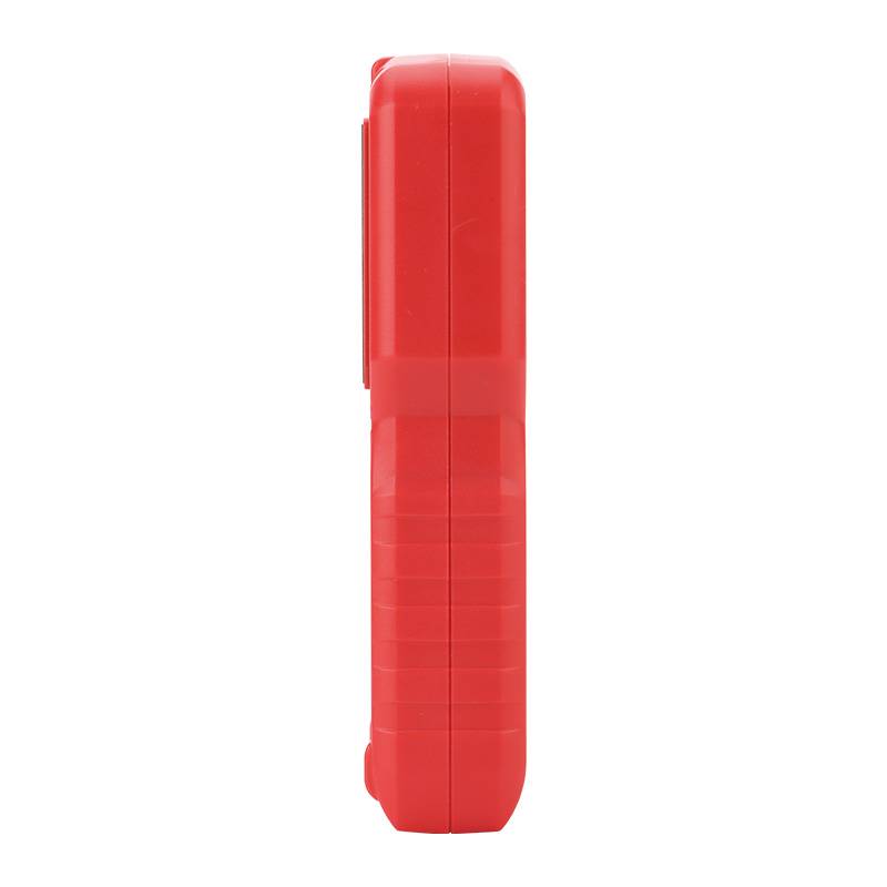 Seitenansicht des roten UNI-T UT377C Feuchtemessgeräts, die das ergonomische und griffige Gehäusedesign zeigt.