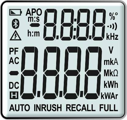 Nahaufnahme des Displays der UNI-T UT281F, bei dem alle Segmente und Symbole zur Darstellung der Messfunktionen aktiviert sind.
