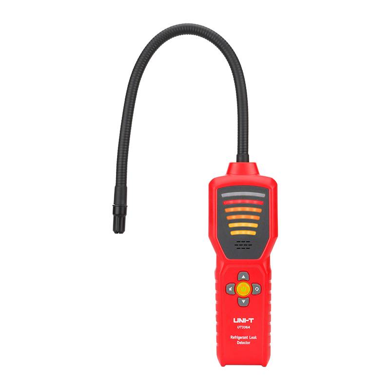 Front view of the UNI-T UT336A refrigerant leak detector, featuring a flexible sensor probe and LED indicators for quick leak detection.