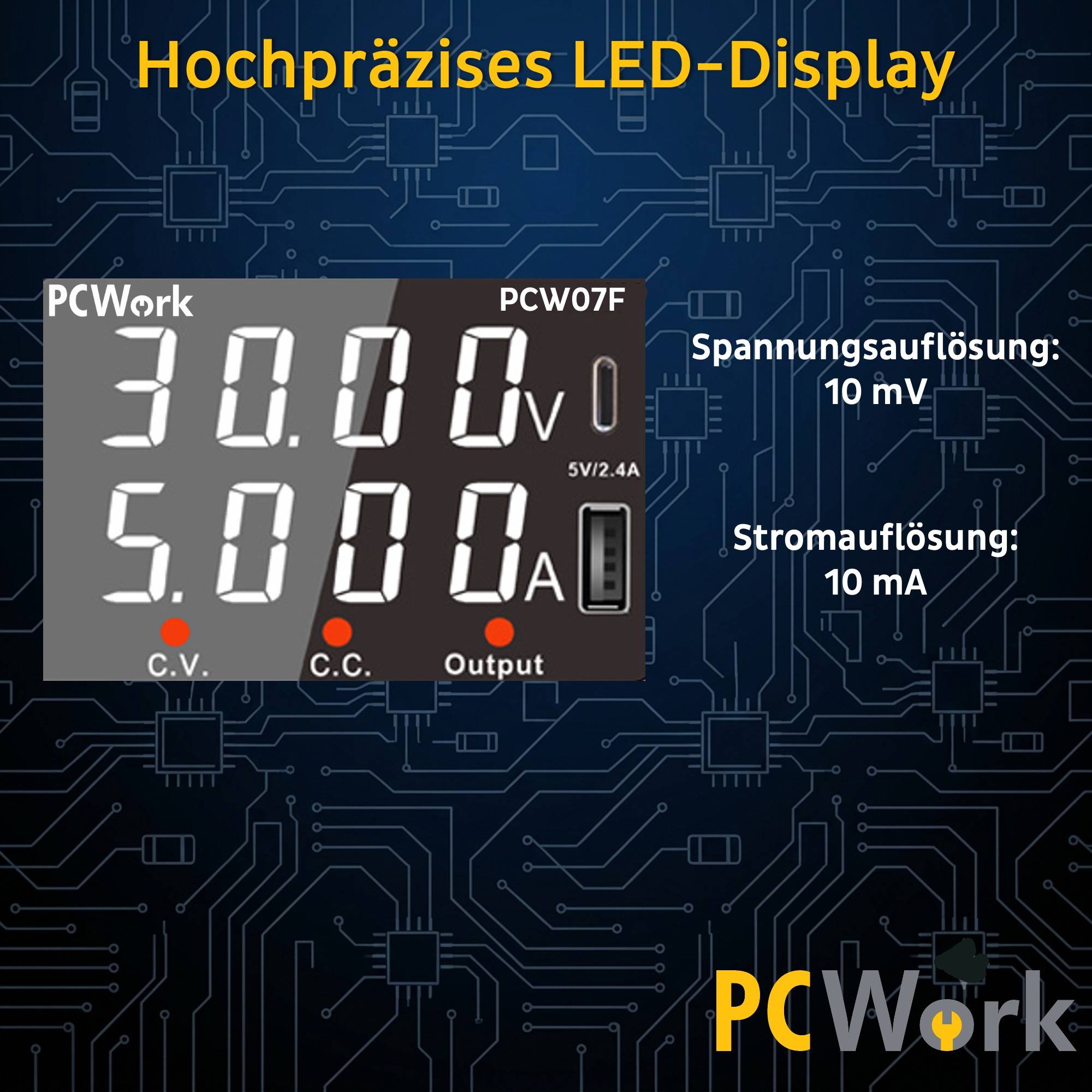 Hochpräzises 4-stelliges LED-Display des PCW07F Labornetzteils mit einer Spannungsauflösung von 10mV und einer Stromauflösung von 10mA.