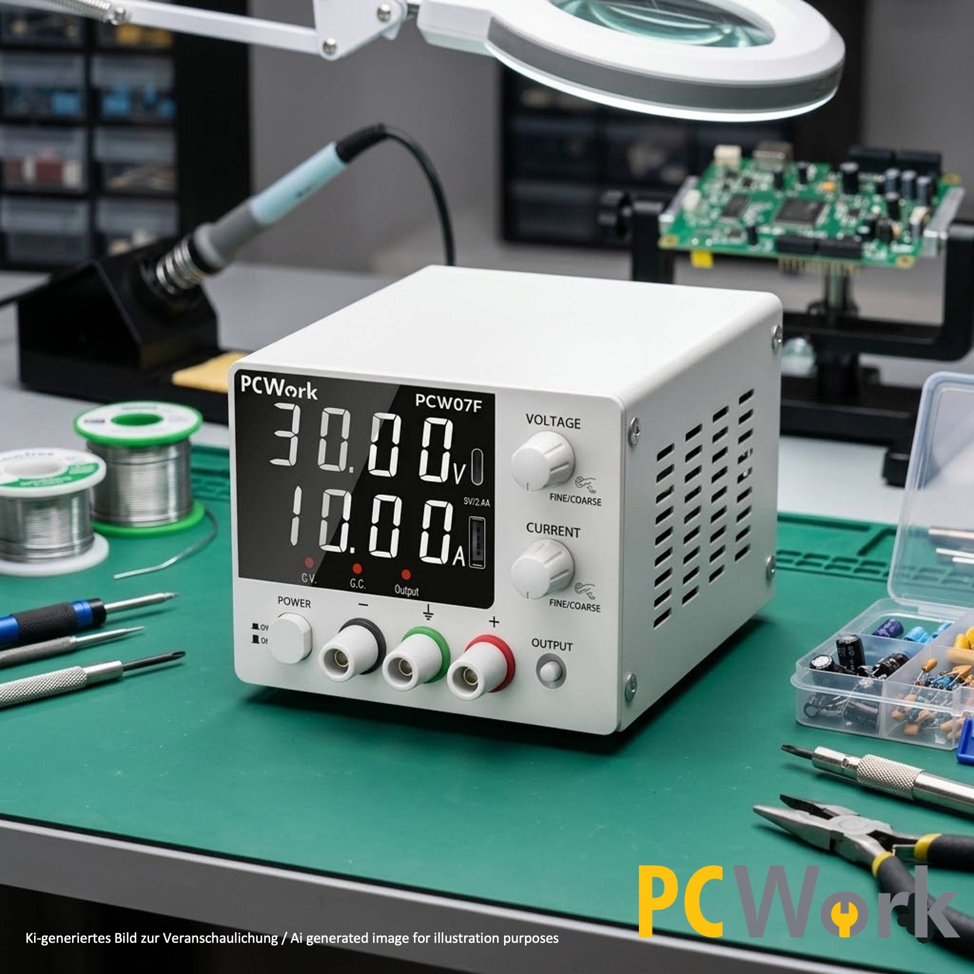Das PCW07F Labornetzteil im Einsatz auf einer Elektronik-Werkbank, umgeben von Lötkolben, Platinen und Werkzeugen.