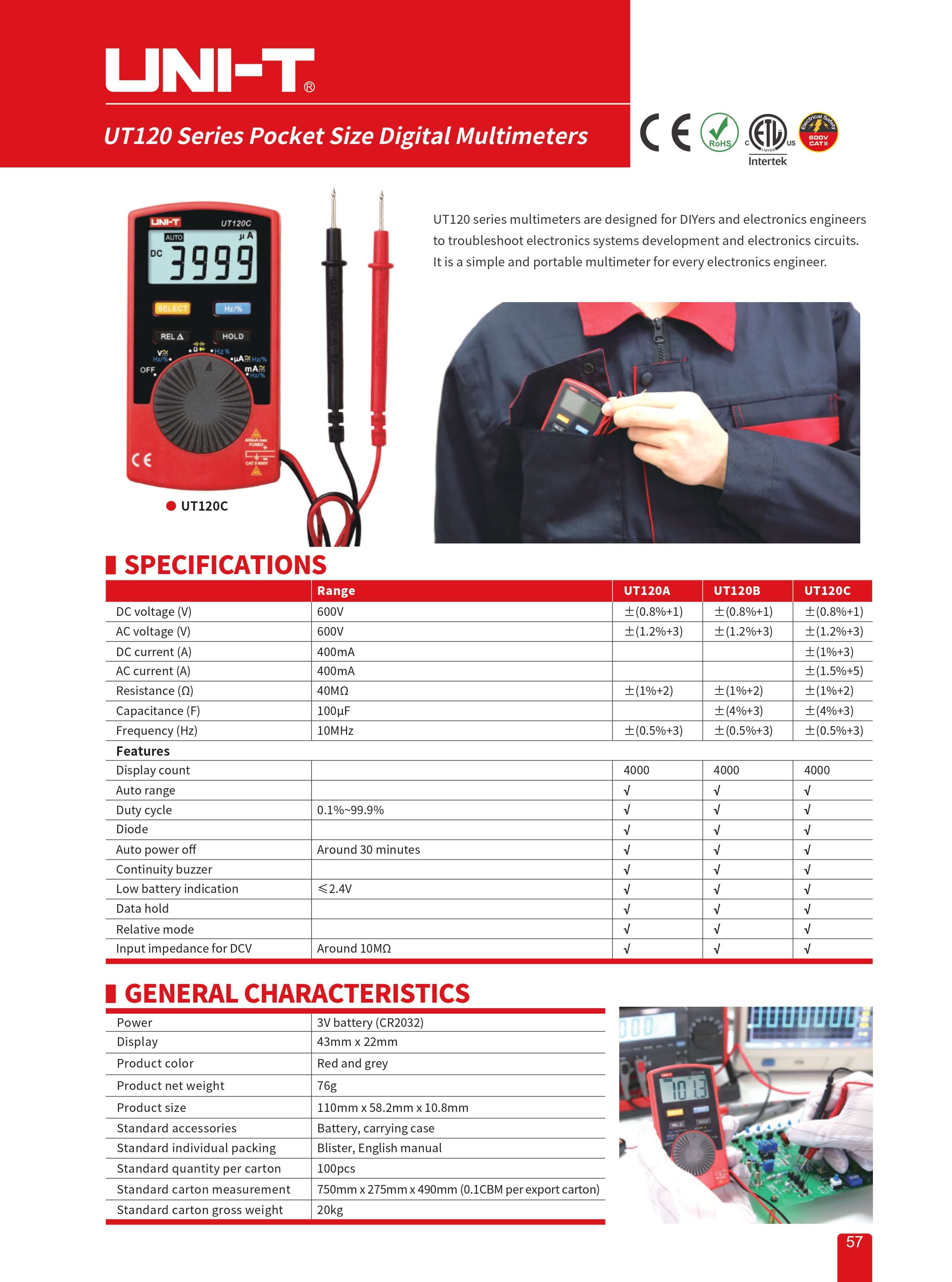 UT120C Pocket Multimeter, digital, 4000 Counts