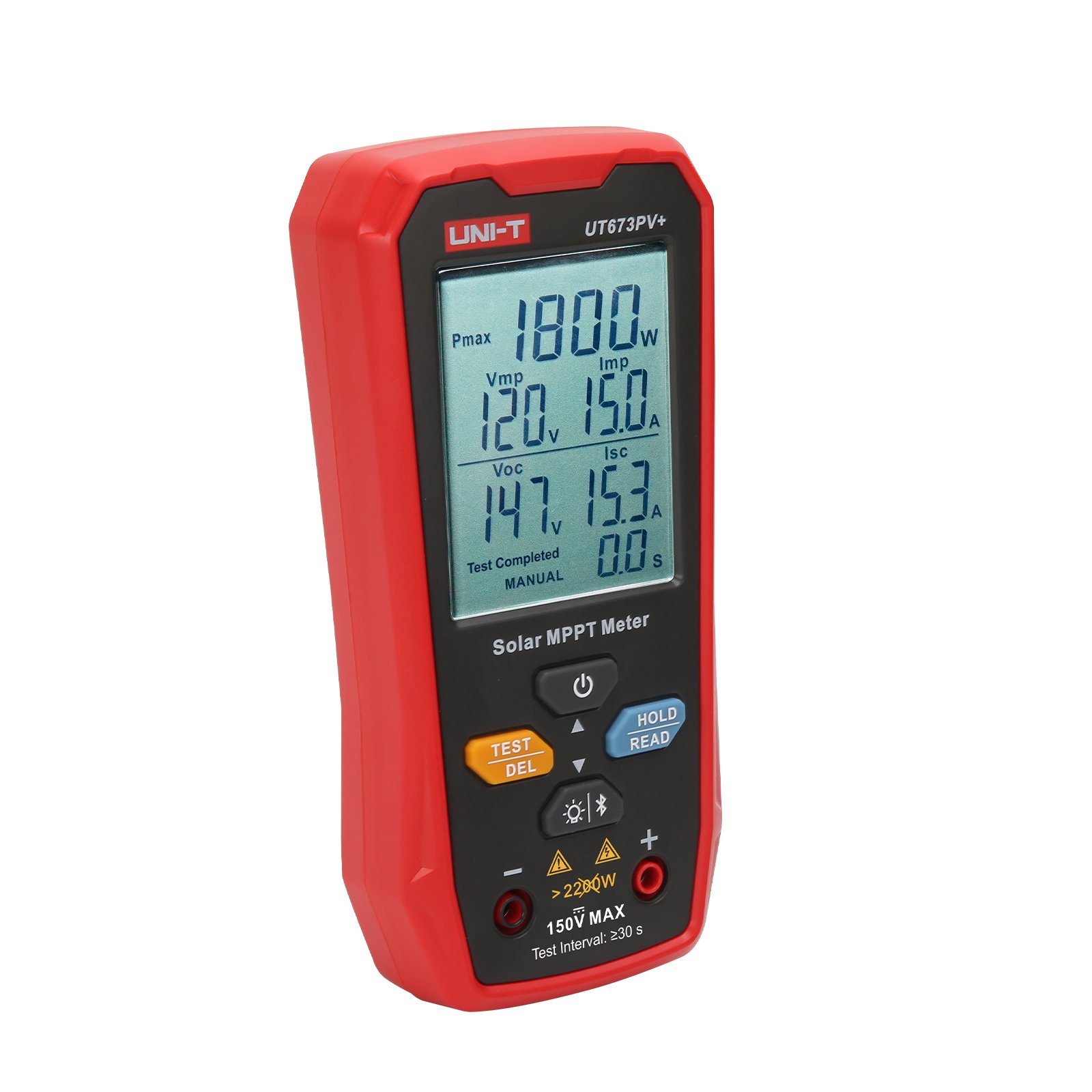 Leicht angewinkelte Ansicht des UNI-T UT673PV+ Solarmessgeräts mit Tastenfeld und Display
