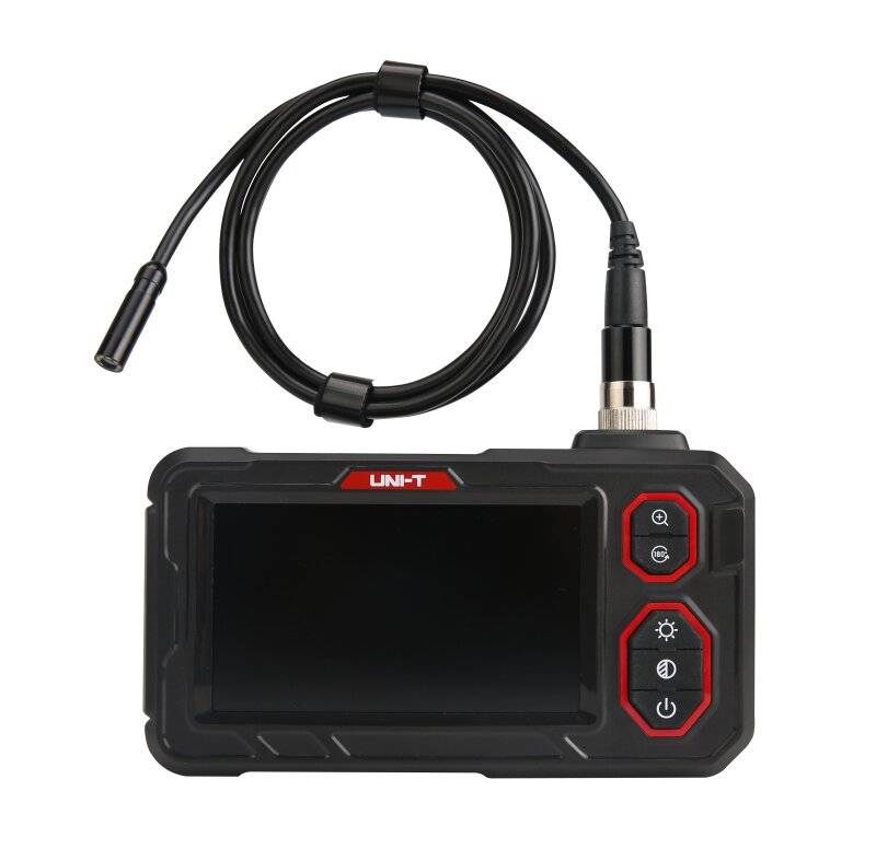 UNI-T UT667-5m Industrie-Endoskop mit aufgerolltem 5m Kabel und Handgerät auf weißem Hintergrund.