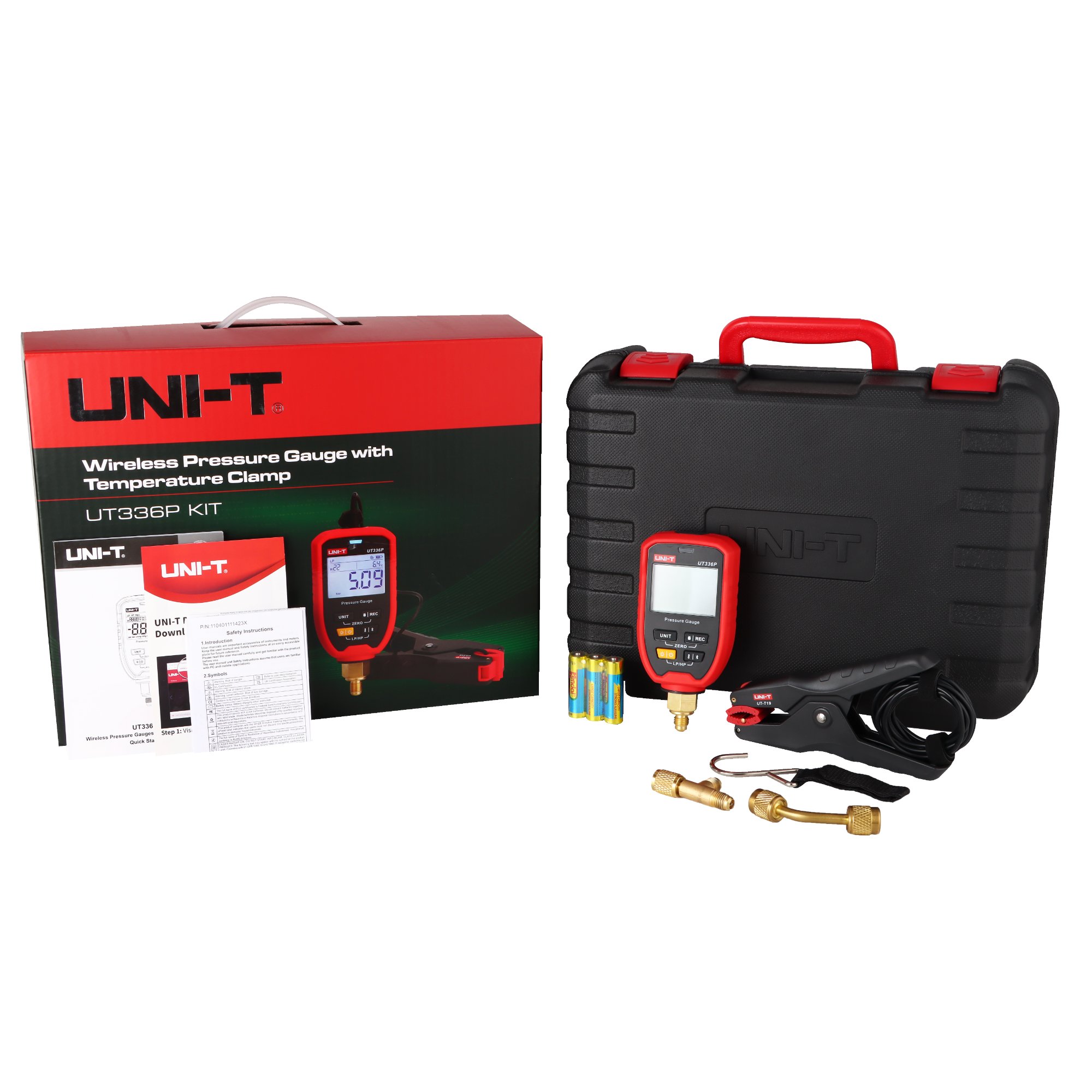 Kompletter Lieferumfang des UNI-T UT336P KIT mit Koffer, OVP, Manometer, Zange und Zubehörteilen.