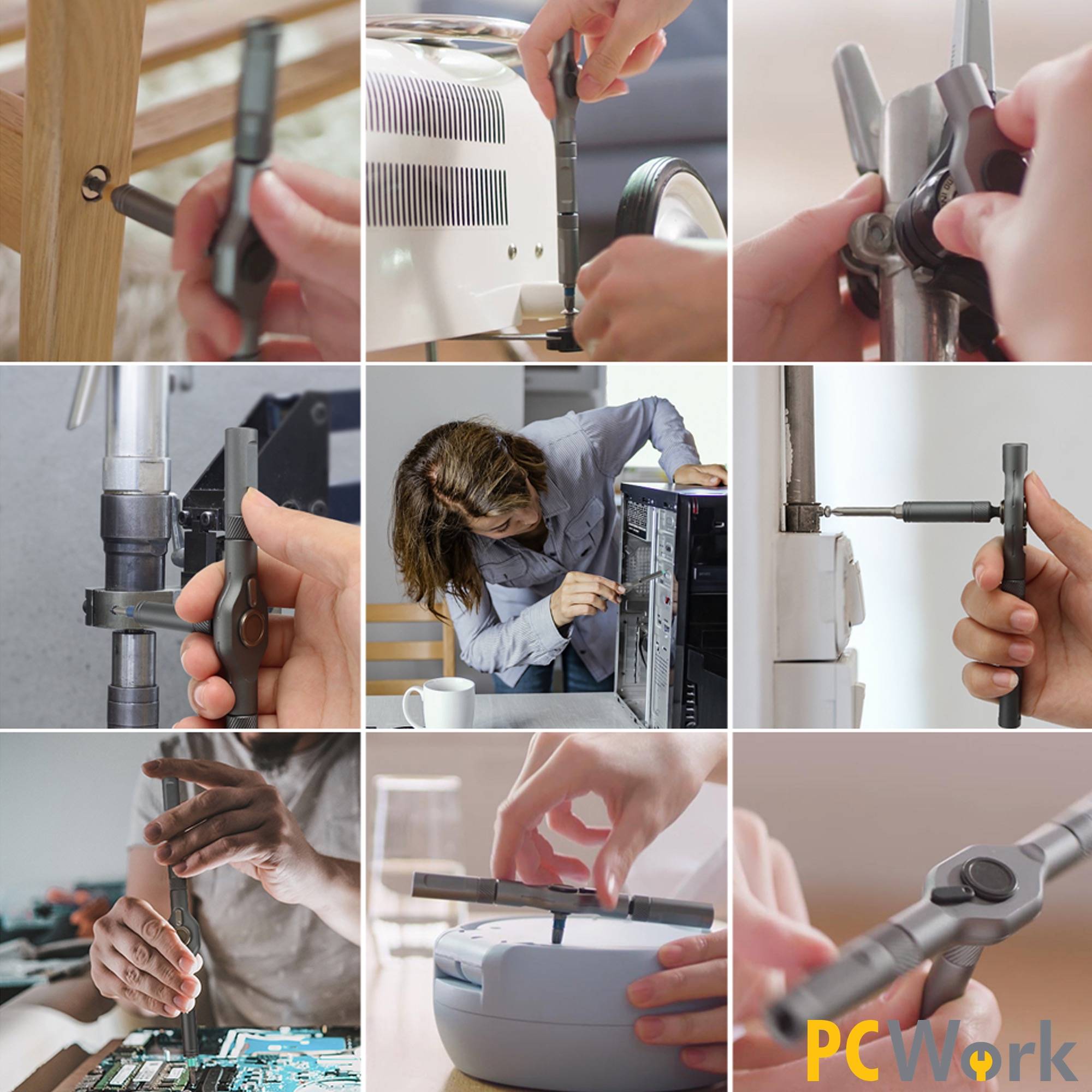 Anwendungsbeispiele des PCWork PCW08K Feinmechanik Ratschen Sets bei der Reparatur von PC, Laptop, Möbeln und Elektronik.