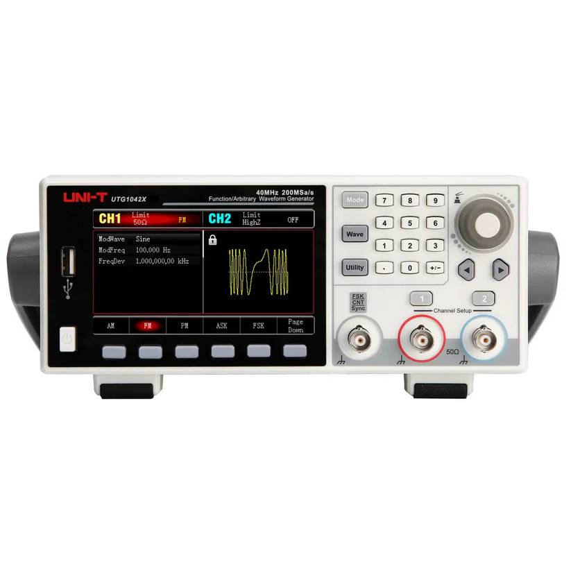 Front view of the UNI-T UTG1042X function generator with the display turned on, showing a waveform on channel 2.