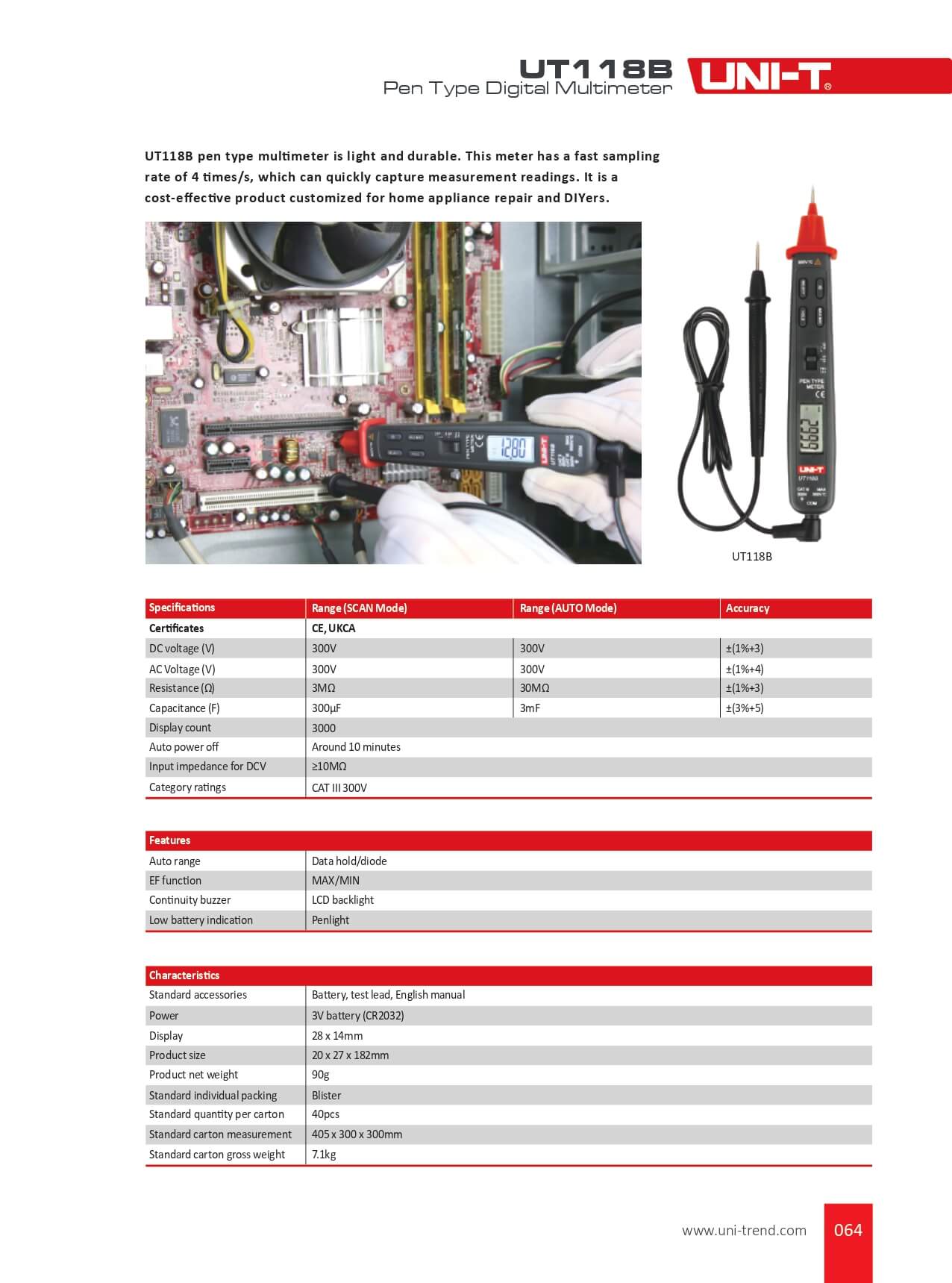 UT118B Pen-Type Multimeter Digital, 300 V, 3000 Counts