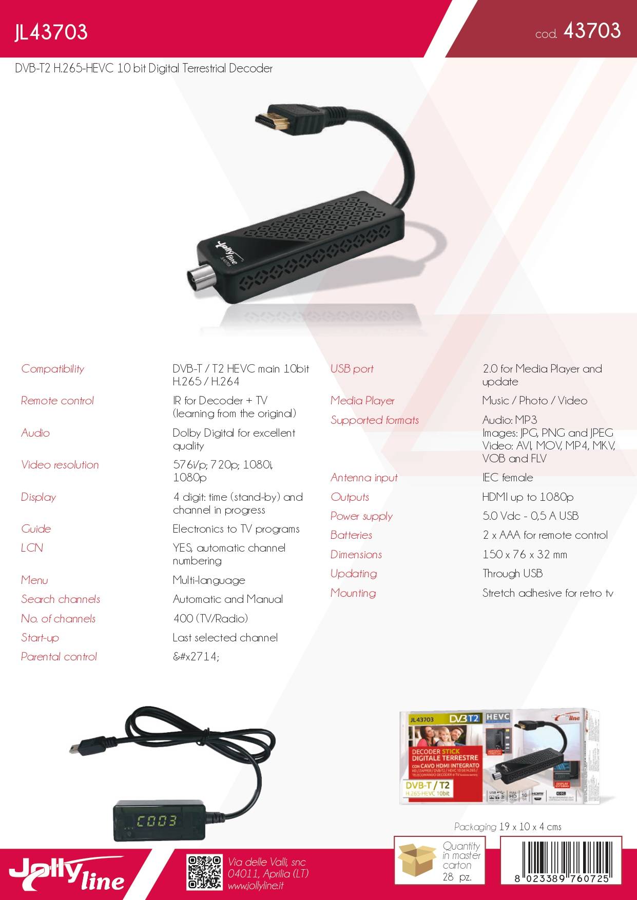 Technical datasheet for the DVB-T2 receiver JL43703, listing all specifications such as H.265 HEVC, Dolby Audio, and USB port.