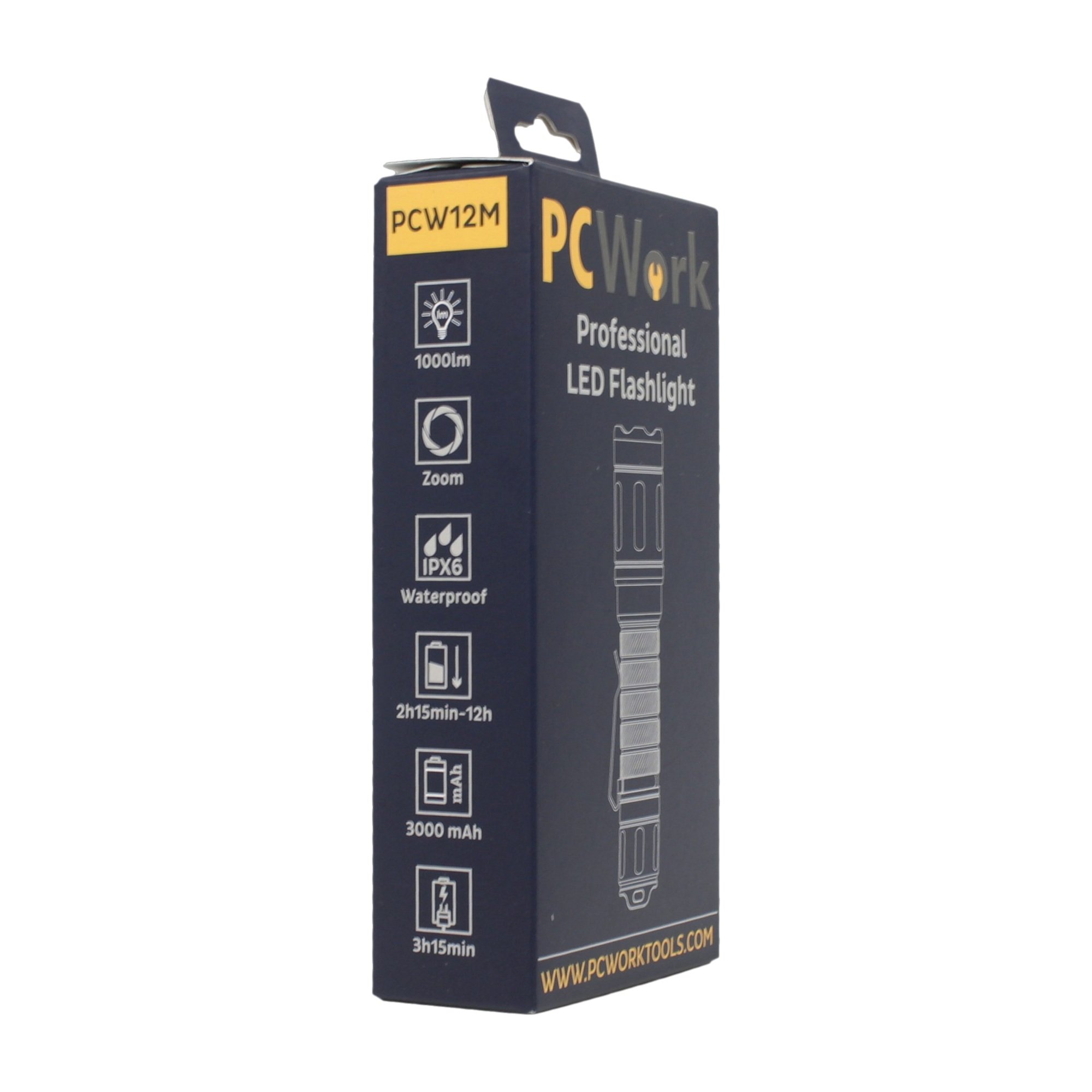 Produktverpackung der PCW12M LED-Taschenlampe in perspektivischer Schrägansicht