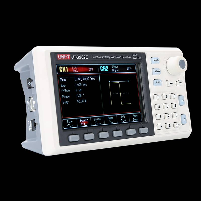 Isolated side view of the portable UNI-T UTG962E function generator, showing the USB port and power connection.