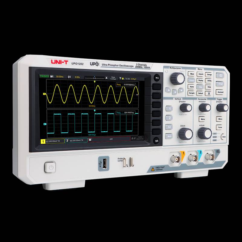 Dynamic angled view of the UNI-T UPO1102 oscilloscope, ideal for showcasing the 56 Mpts memory depth and 500,000 wfms/s capture rate.
