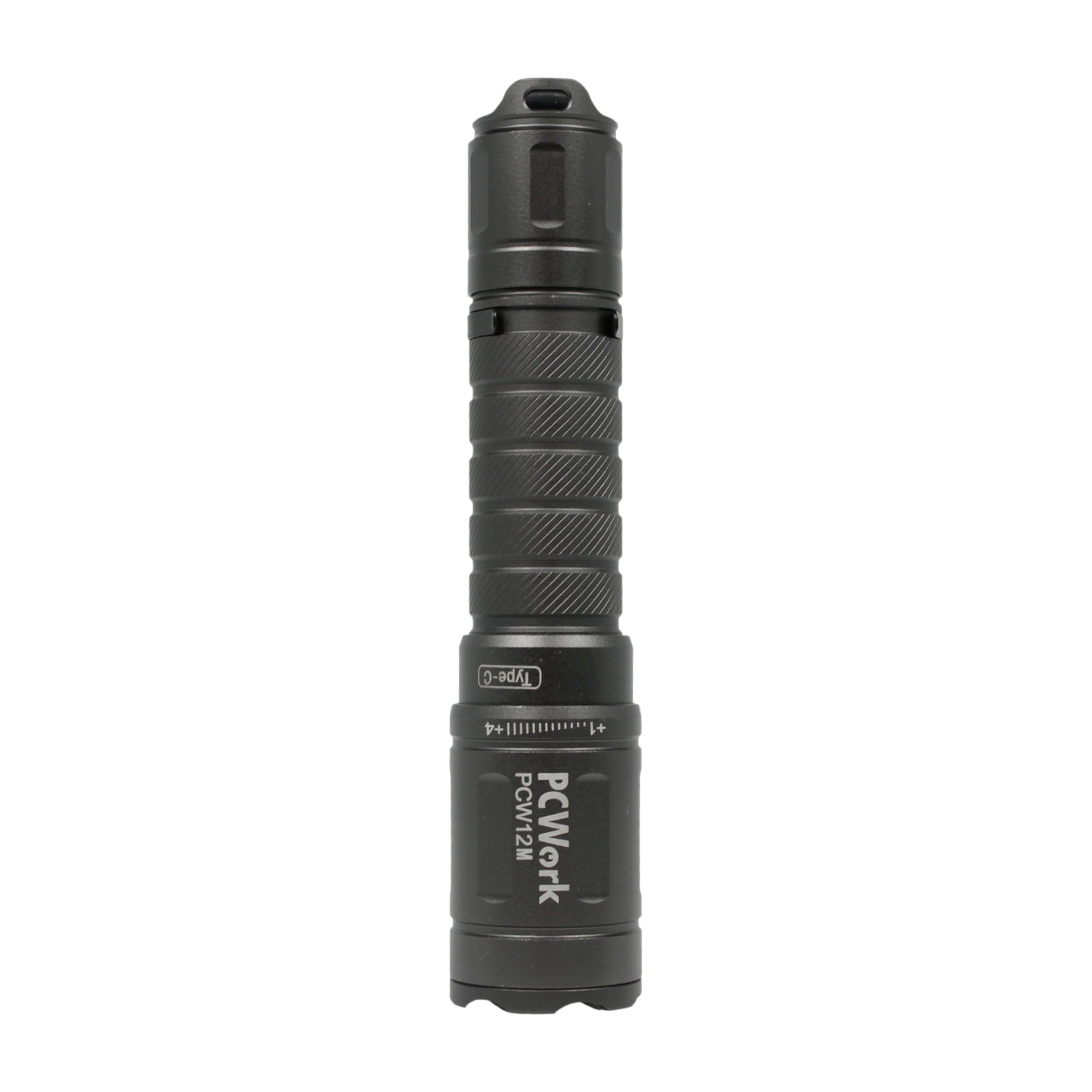 Vertikal stehende PCW12M LED-Taschenlampe aus dunkelgrauem Aluminium vor weißem Hintergrund