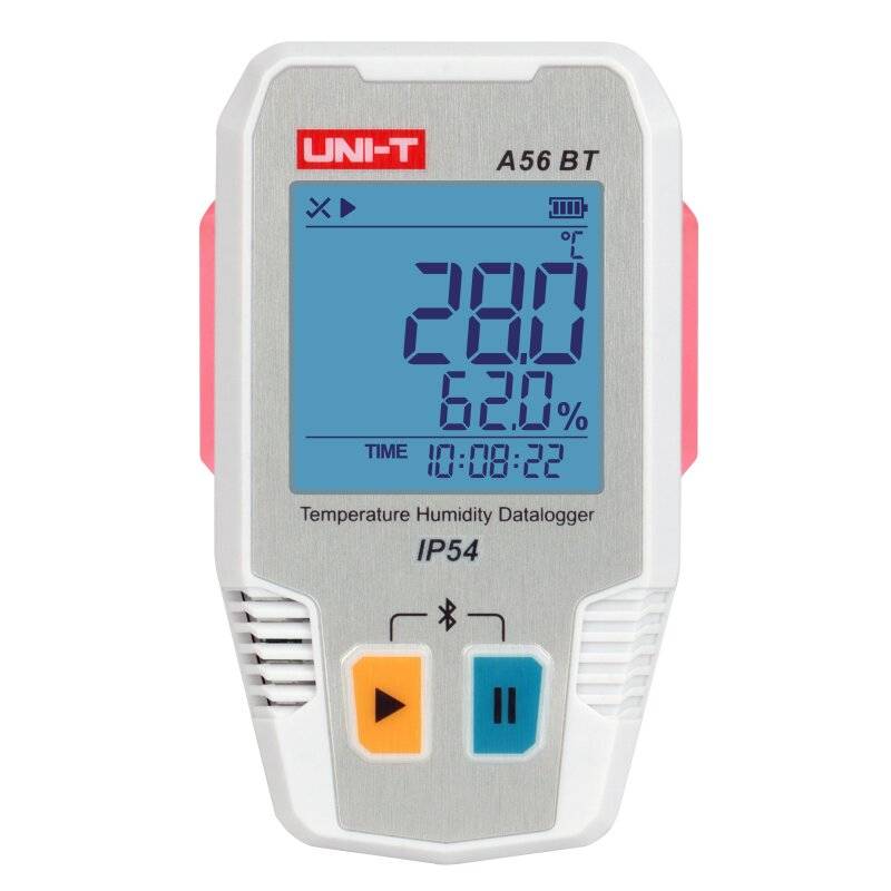 Frontansicht des UNI-T A56 BT Temperatur- und Feuchtigkeits-Datenloggers mit großem LCD-Display, das 28,0°C und 62,0% anzeigt.