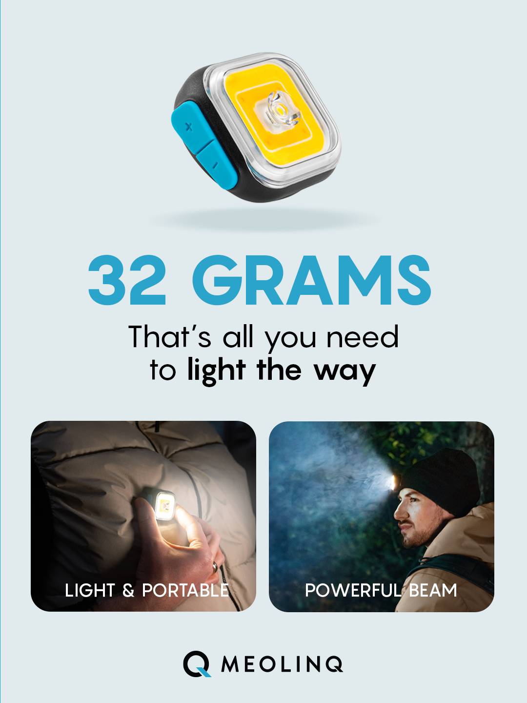 MEOLINQ Light01 Infografik hebt das geringe Gewicht von 32 Gramm hervor und zeigt sie als leichte, tragbare Lampe mit starkem Lichtstrahl.