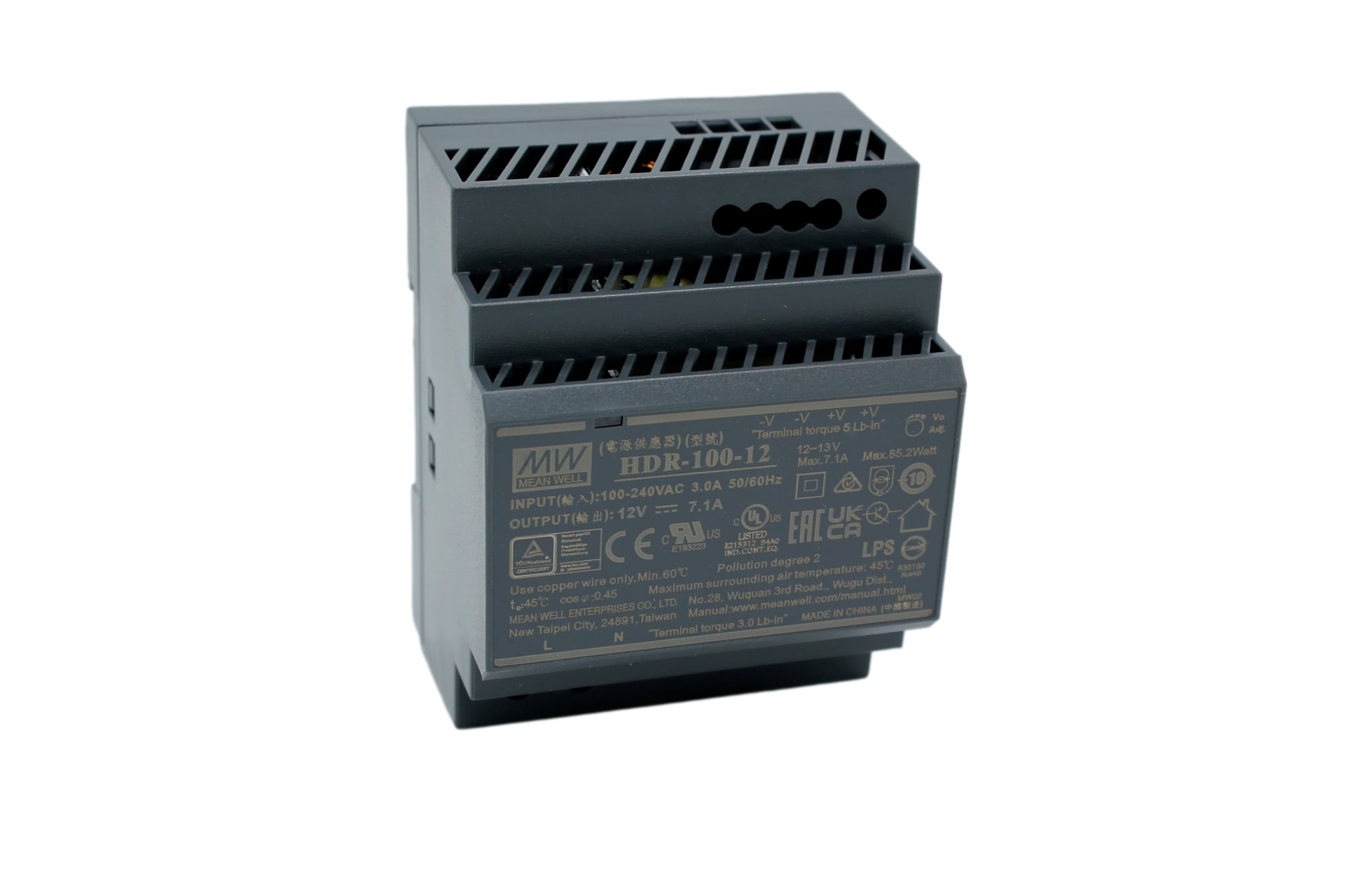 HDR-100-12 DIN rail power supply, 85.2W, 12V, 7.1A, MEAN WELL