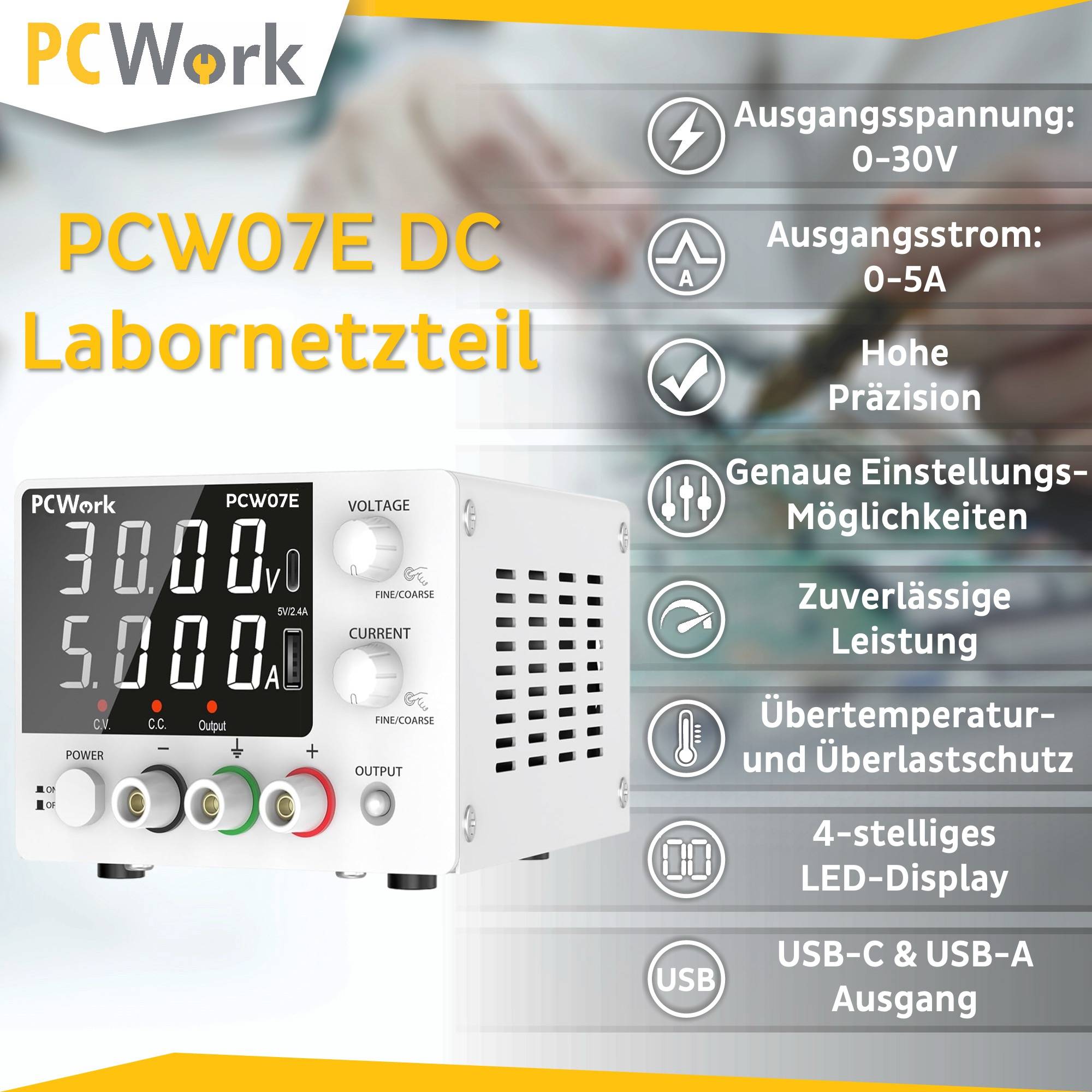 Infografik des PCWork PCW07E DC Labornetzteils, die wichtige Merkmale wie 0-30V Ausgangsspannung, 0-5A Ausgangsstrom, hohe Präzision und USB-Ausgänge hervorhebt.