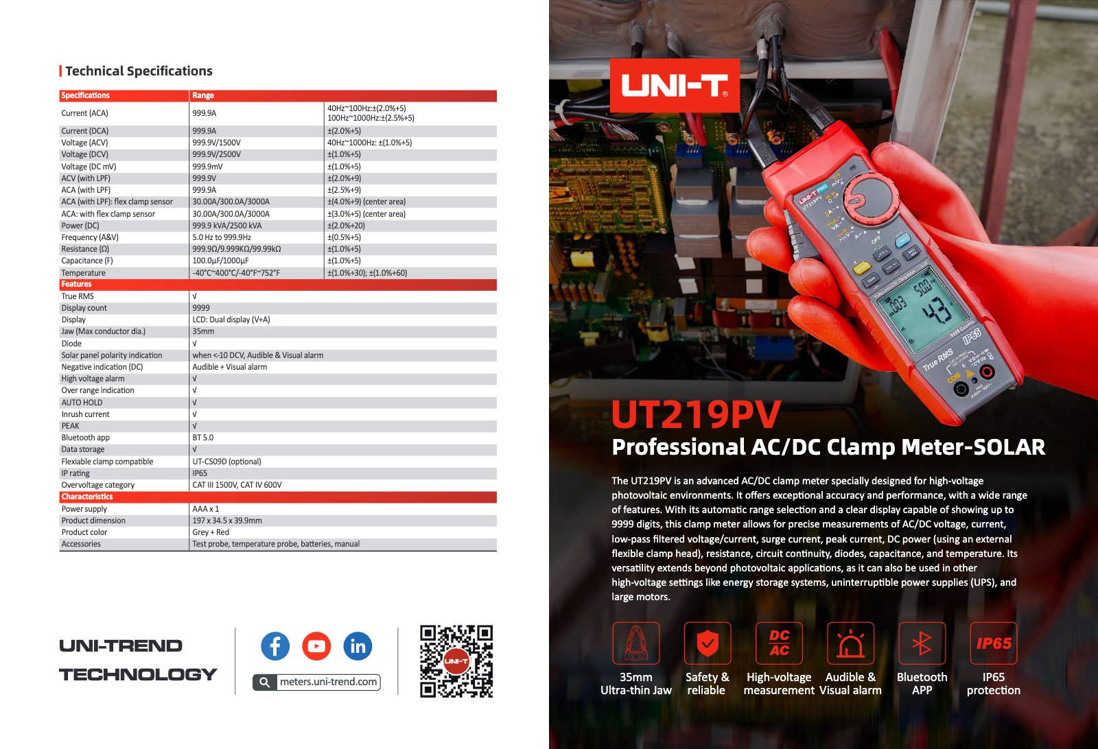 Technical data sheet page 1: Specifications and measurement ranges of the UT219PV clamp meter.