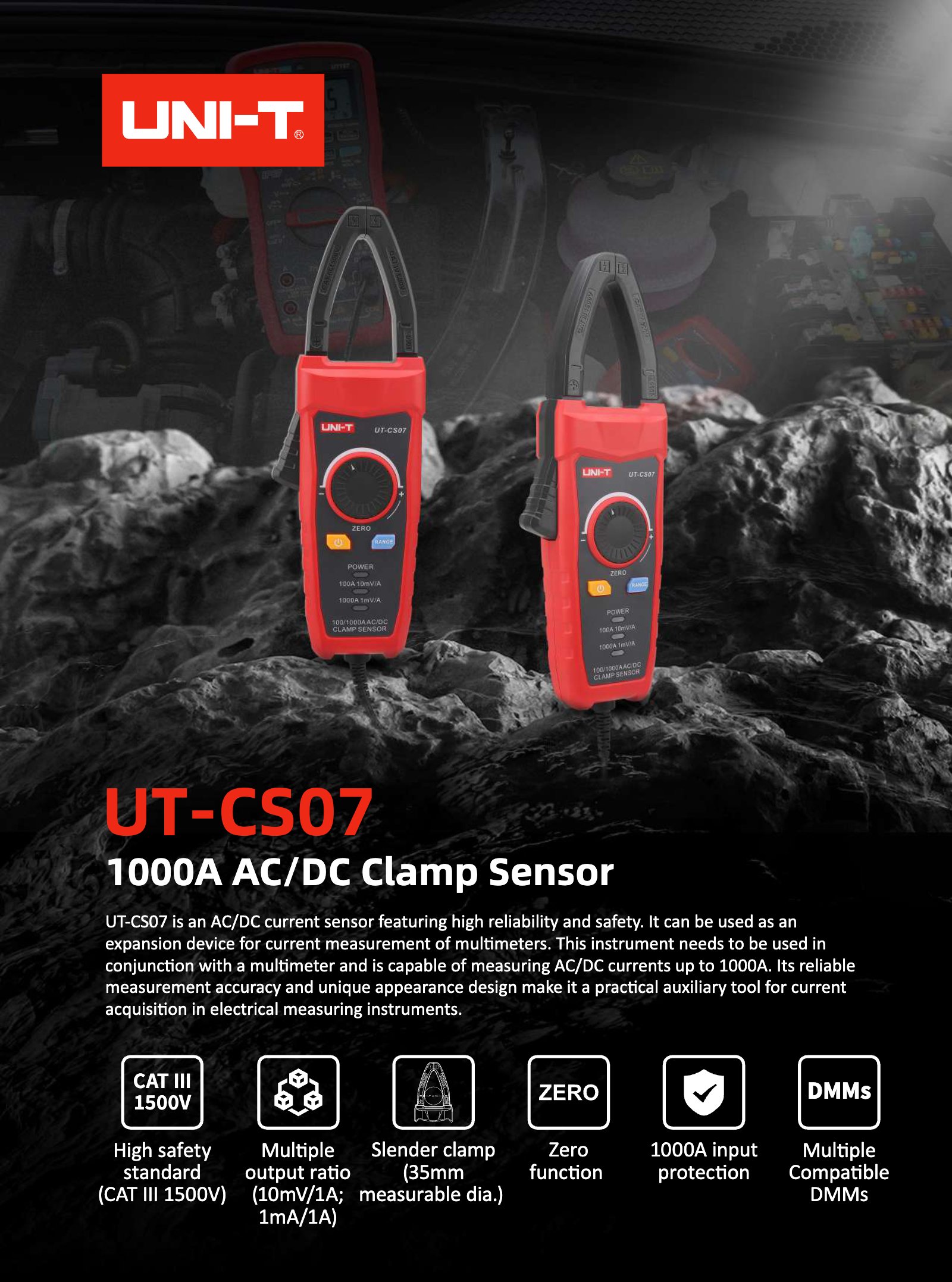 Technisches Datenblatt Seite 1: UT-CS07 Zangensensor 1000A mit Produkteigenschaften und CAT III 1500 V Spezifikation.