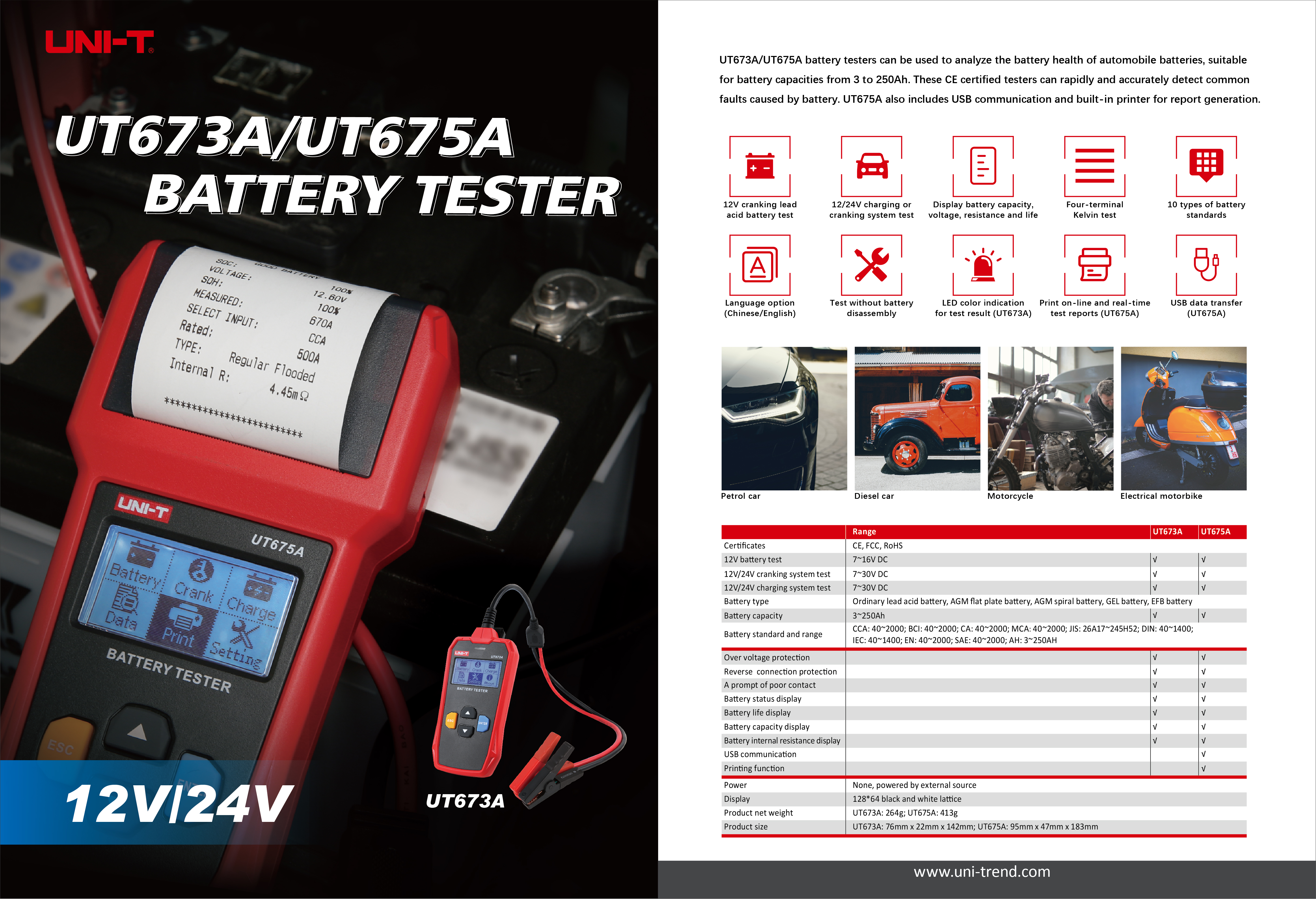 UT675A Car Battery Tester With Printer; 30Ah-200Ah