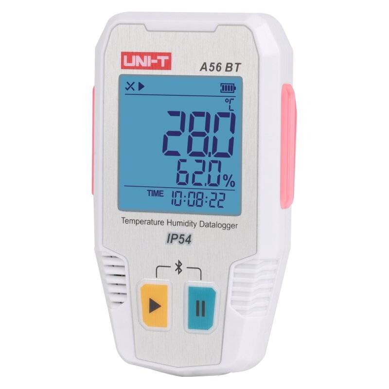 Der UNI-T A56 BT Datenlogger für Temperatur und Luftfeuchtigkeit, Frontalansicht mit gut ablesbarem Display und IP54-Schutzart.