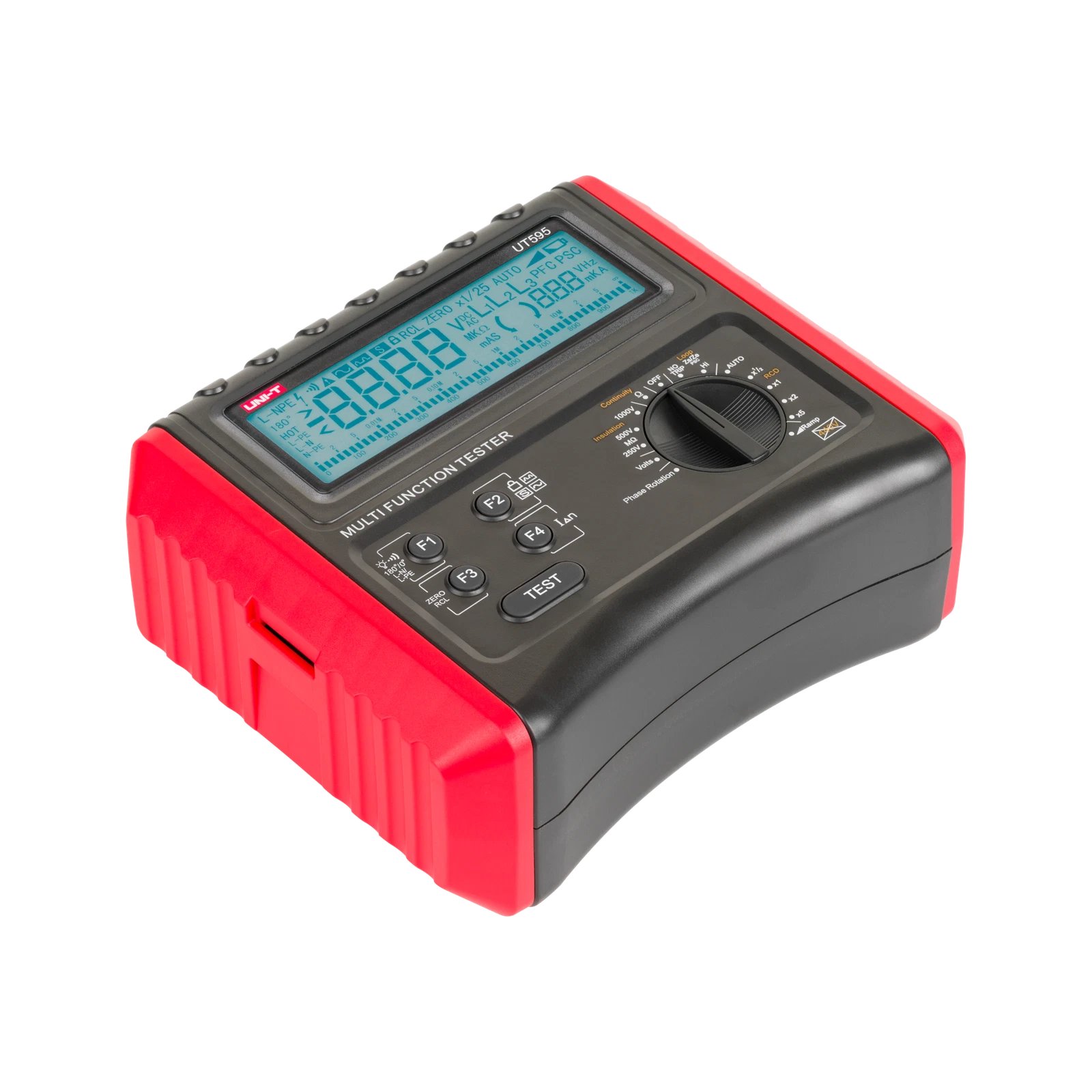 Schrägansicht des UNI-T UT595 Multifunktions-Installationstesters mit ergonomischem Gehäuse und Bedienelementen.