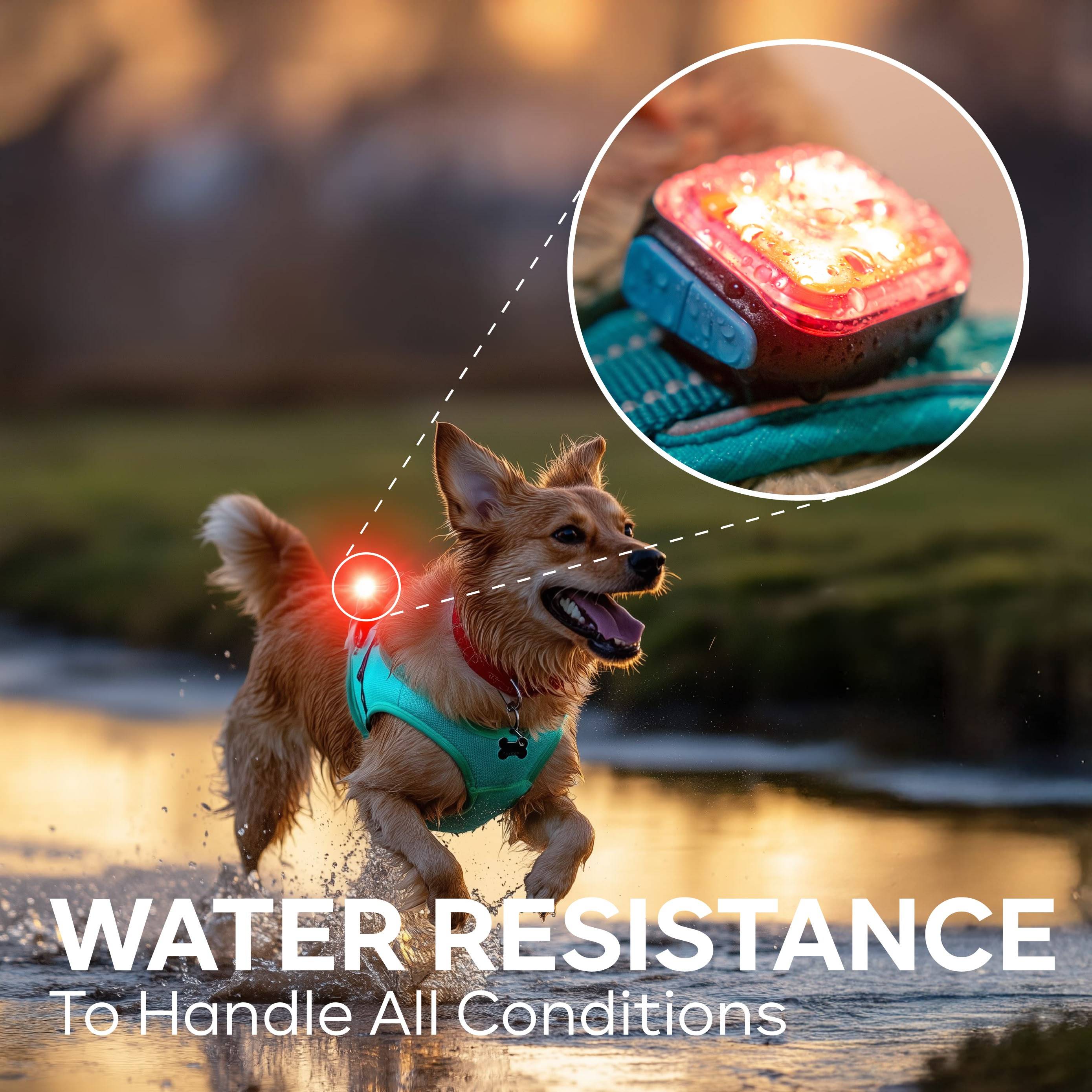 Nachweis der Wasserfestigkeit der MEOLINQ Light01: Ein Hund rennt mit dem leuchtenden roten Licht am Geschirr durchs Wasser.