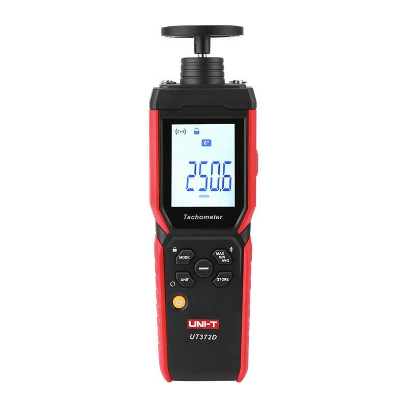 UNI-T UT372D 2-in-1 Drehzahlmesser, Frontansicht mit beleuchtetem Display, das einen Messwert von 2506 m/min anzeigt.