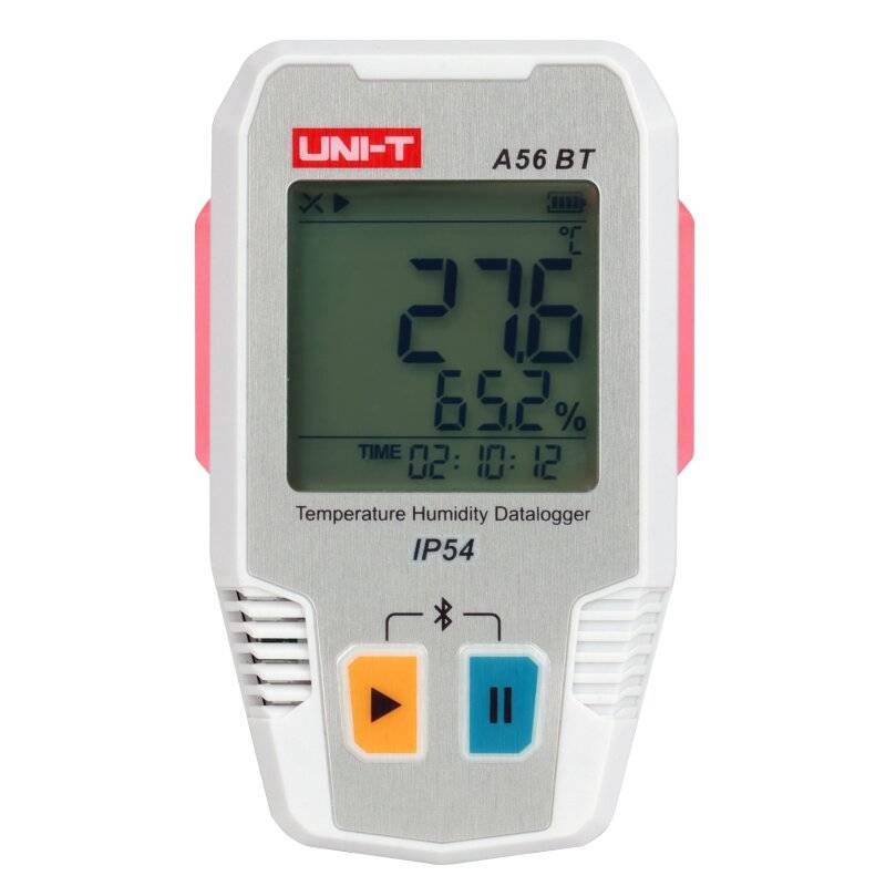 UNI-T A56 BT Bluetooth-Datenlogger zeigt auf dem Display eine Temperatur von 27,6°C und eine Luftfeuchtigkeit von 65,2% an.