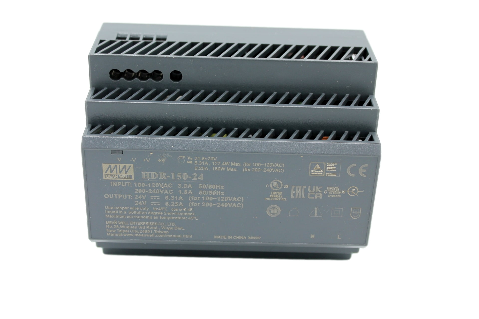 HDR-150-24 DIN rail power supply, 150W, 24V, 6.25A, MEAN WELL