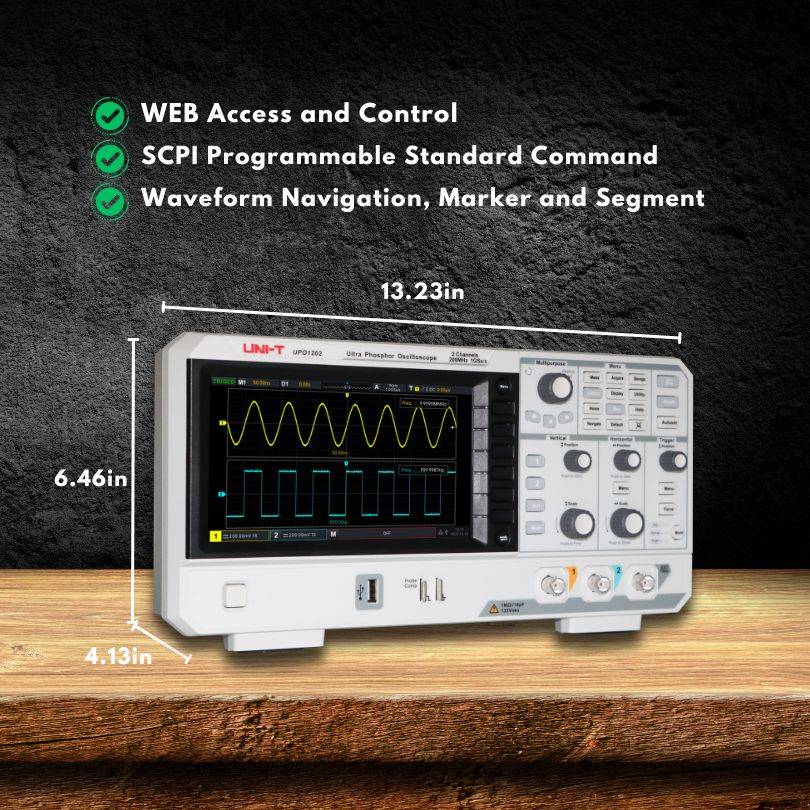 UNI-T UPO1102 oscilloscope with dimensions displayed, highlighting key features like Web Access and Control, SCPI commands, and waveform navigation.