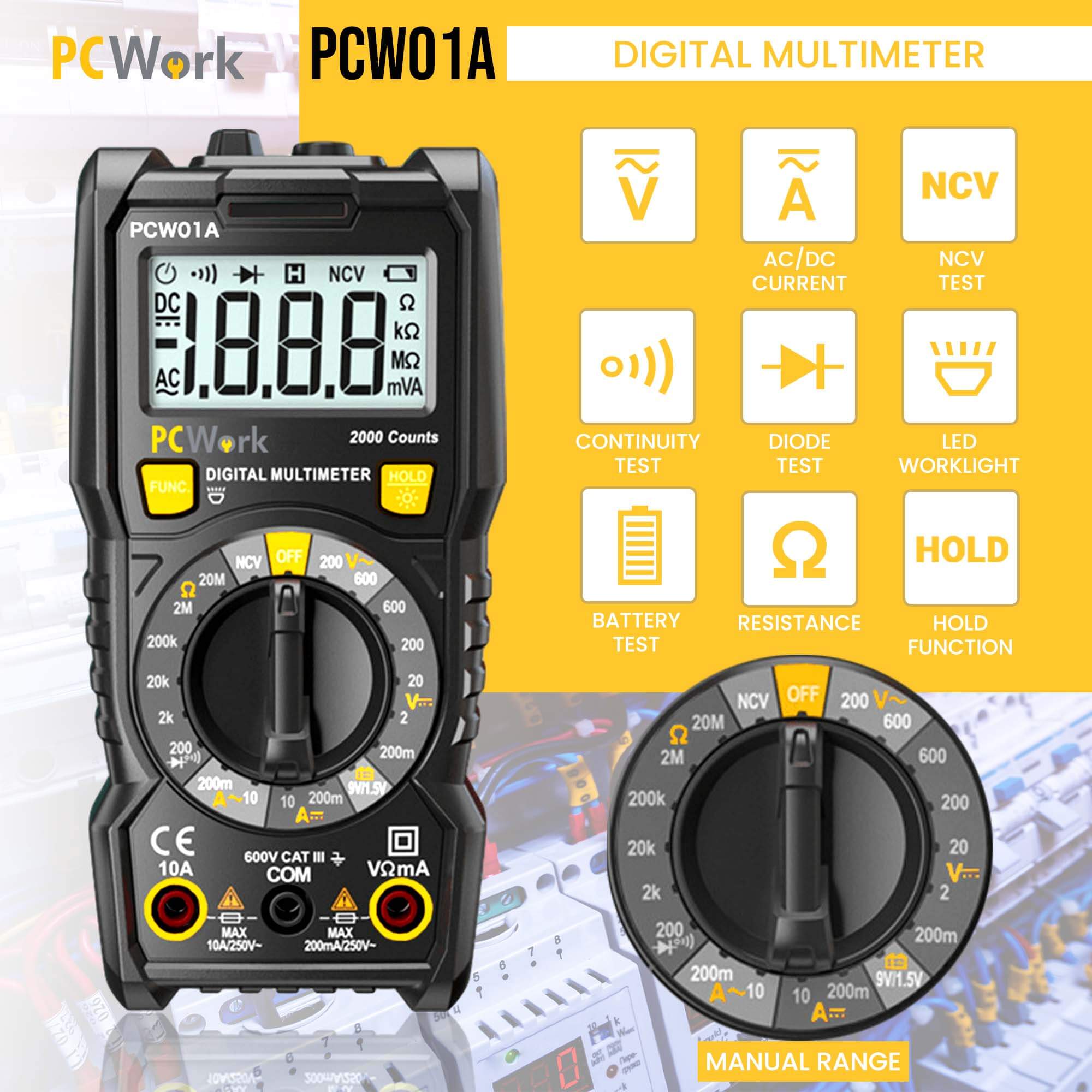 PCW01A Digital Multimeter, Manual Range, 2000 Counts, CAT III 600V