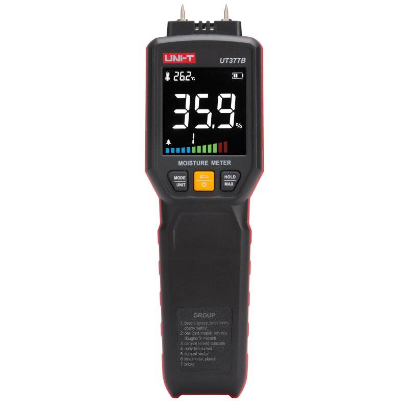 Frontale Ansicht des digitalen Feuchtigkeitsmessers UNI-T UT377B mit beleuchtetem Display.