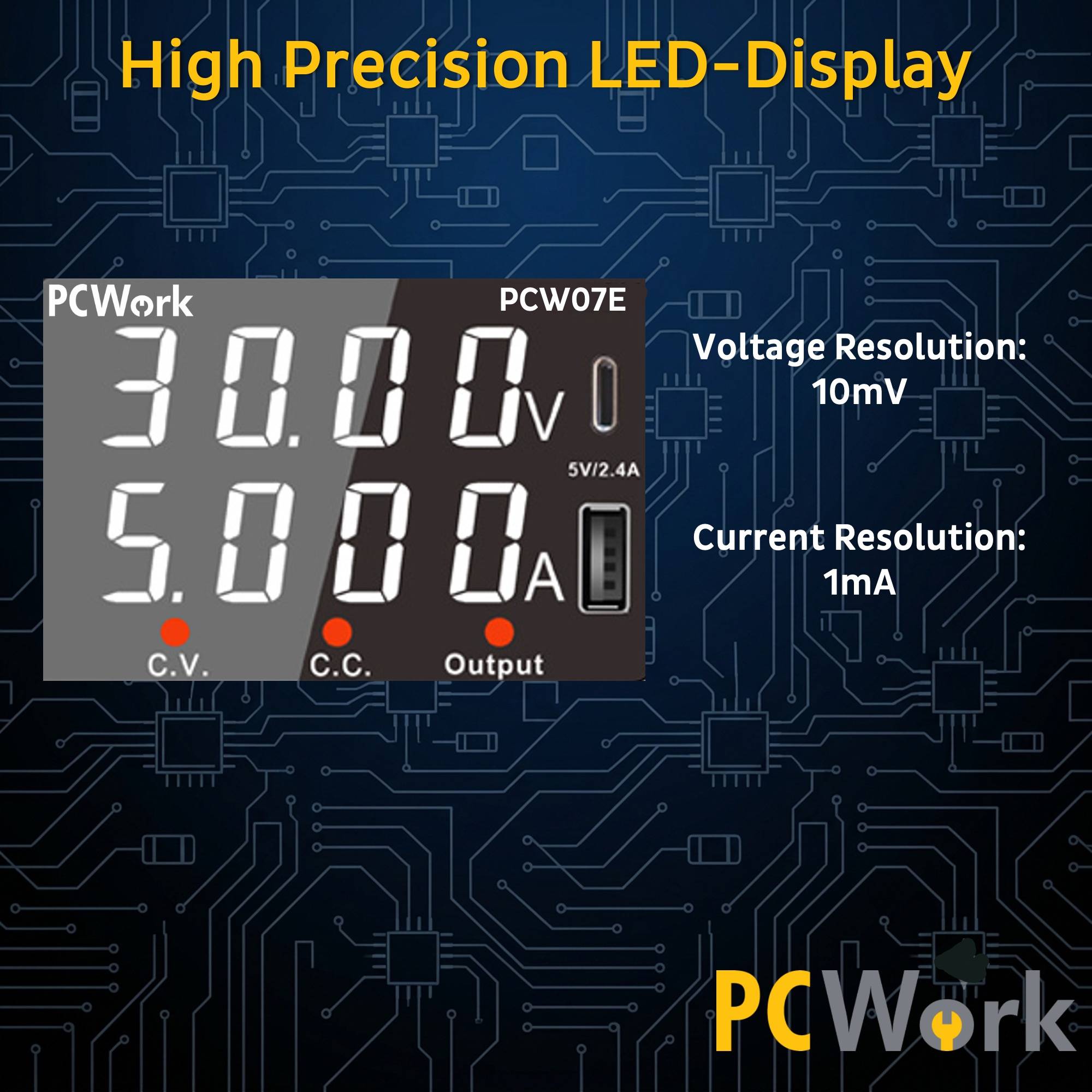 Nahaufnahme des hochpräzisen LED-Displays des PCWork PCW07E, das die Spannungsauflösung von 10 mV und Stromauflösung von 1 mA zeigt.