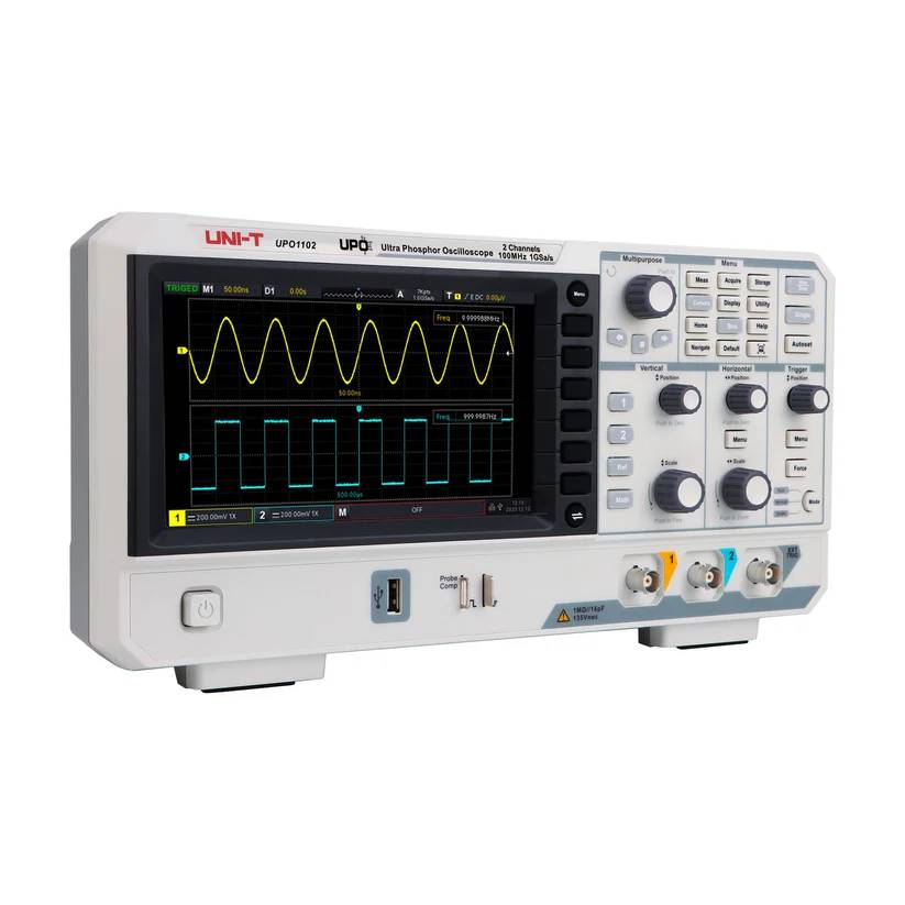 Angled view of the UNI-T UPO1102 digital oscilloscope, highlighting the 7-inch TFT display and precision controls for the 1 GSa/s sampling rate.