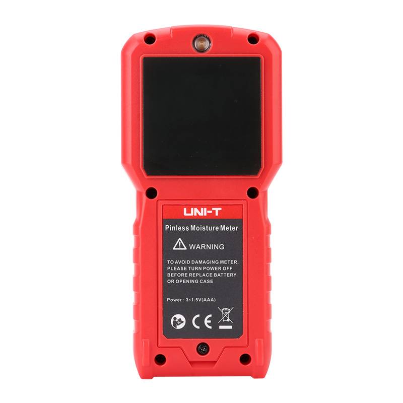 Rückseite des UNI-T UT377C Feuchtigkeitsmessgeräts mit Batteriefach, Warnhinweisen und dem Sensorbereich für die Messung.