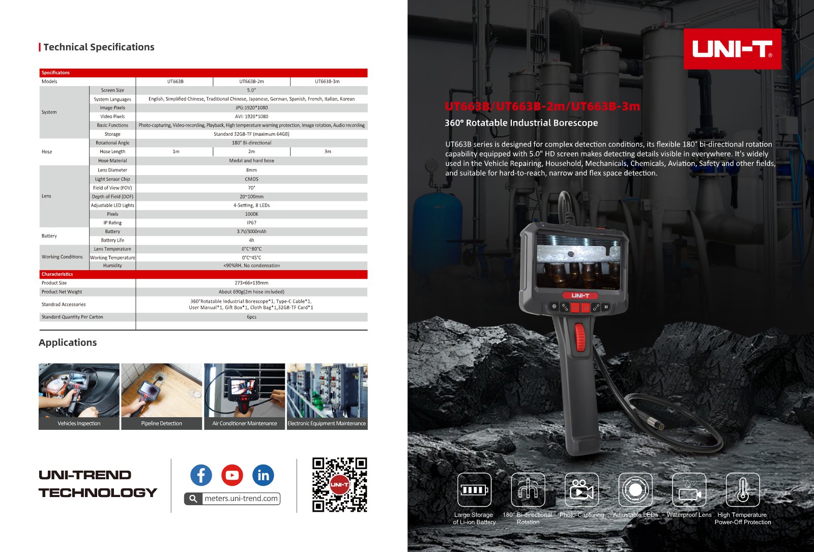Technical data sheet page 1: Specifications and application areas of the UT663B inspection camera.
