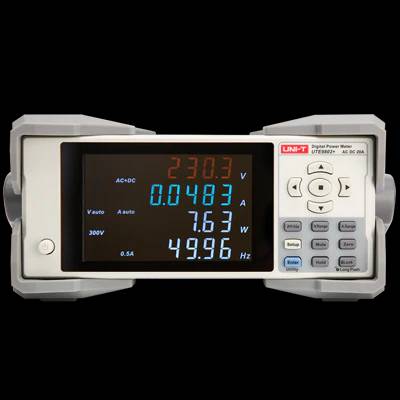 UNI-T UTE9802+ Digital Power Meter in der Frontalansicht, der eine präzise True RMS Messung von AC+DC Signalen durchführt.