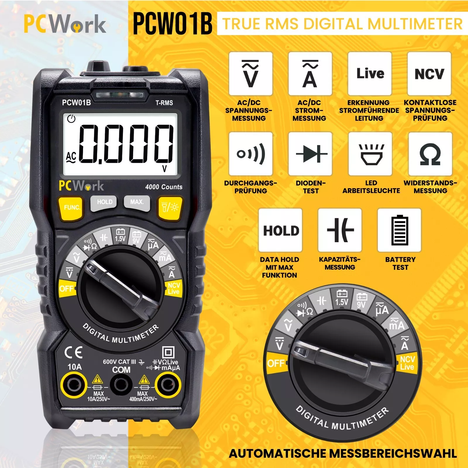 PCW01B Digitalmultimeter, True RMS, Auto Range