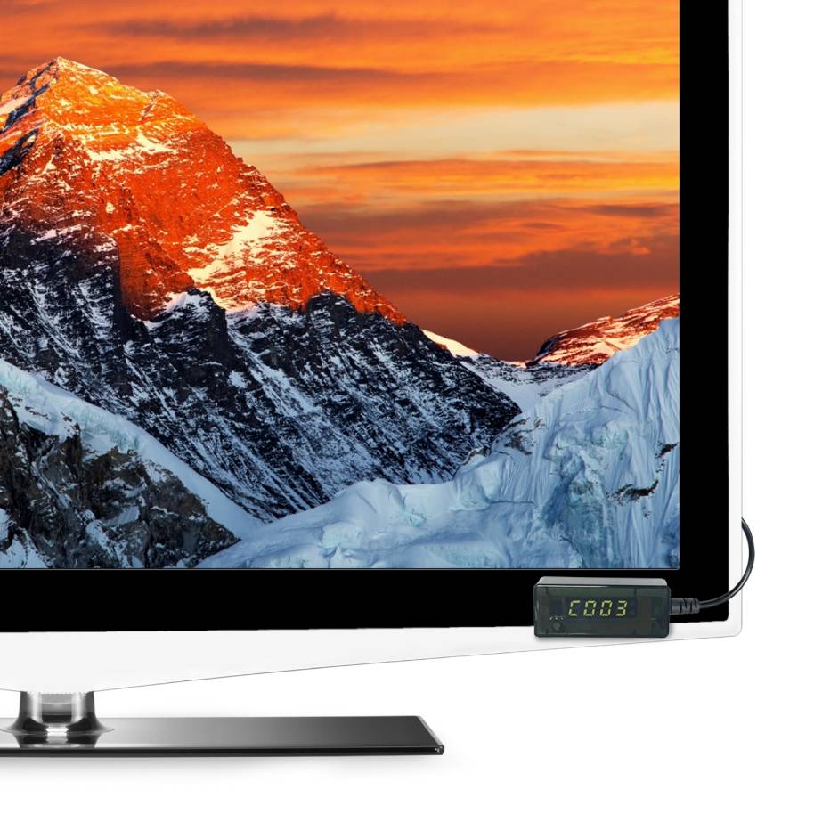The external IR receiver with channel display for the JL43703 DVB-T2 receiver placed discreetly next to the television.