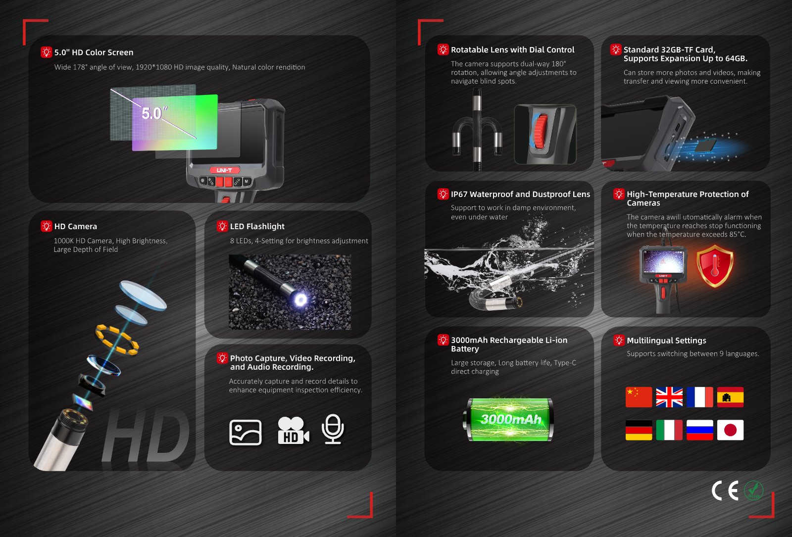 Technical data sheet page 2: Features and display details of the UT663B inspection camera.