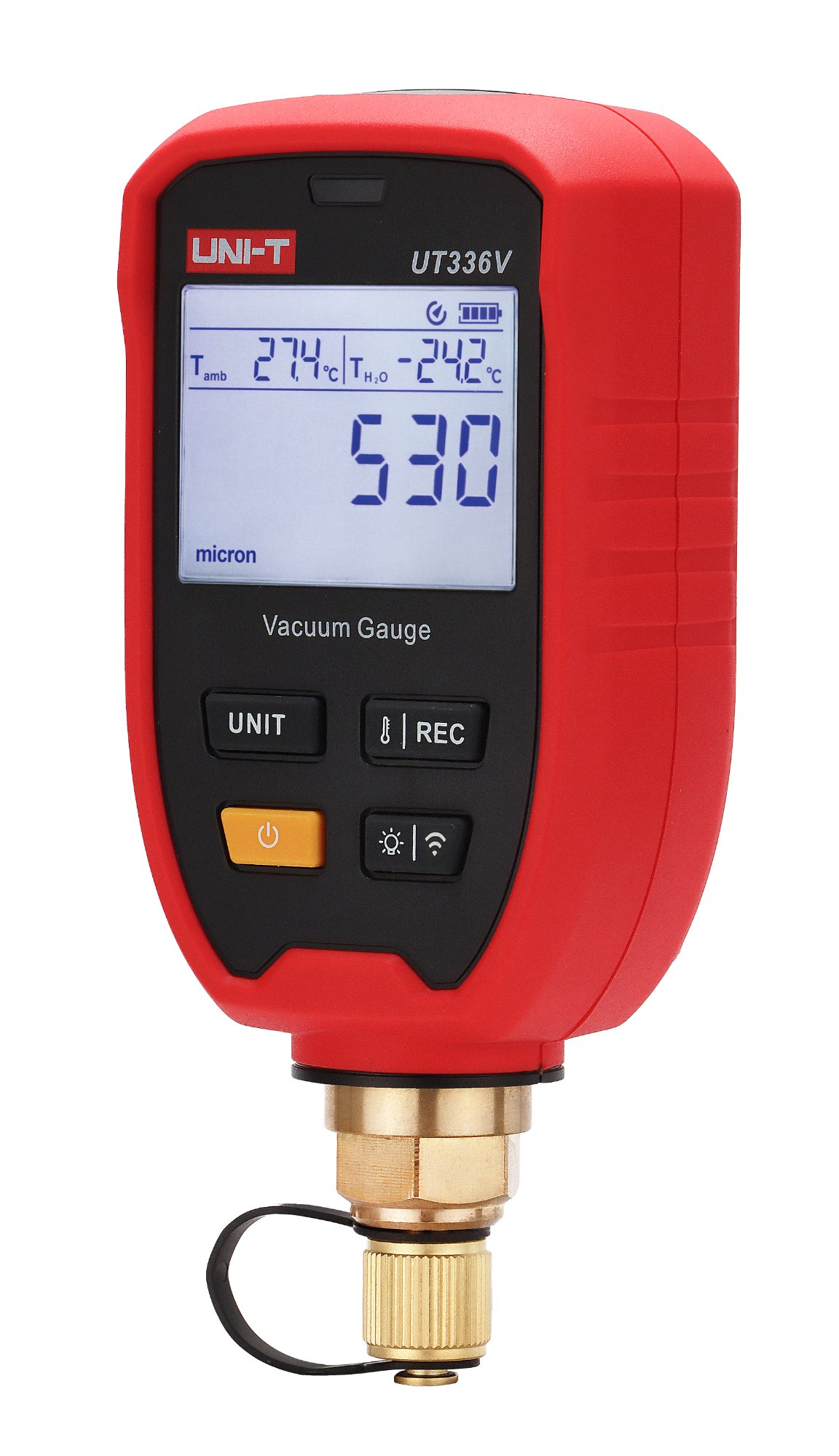 Seitenansicht des digitalen Bluetooth-Vakuummeters UNI-T UT336V im robusten roten IP54-Schutzgehäuse