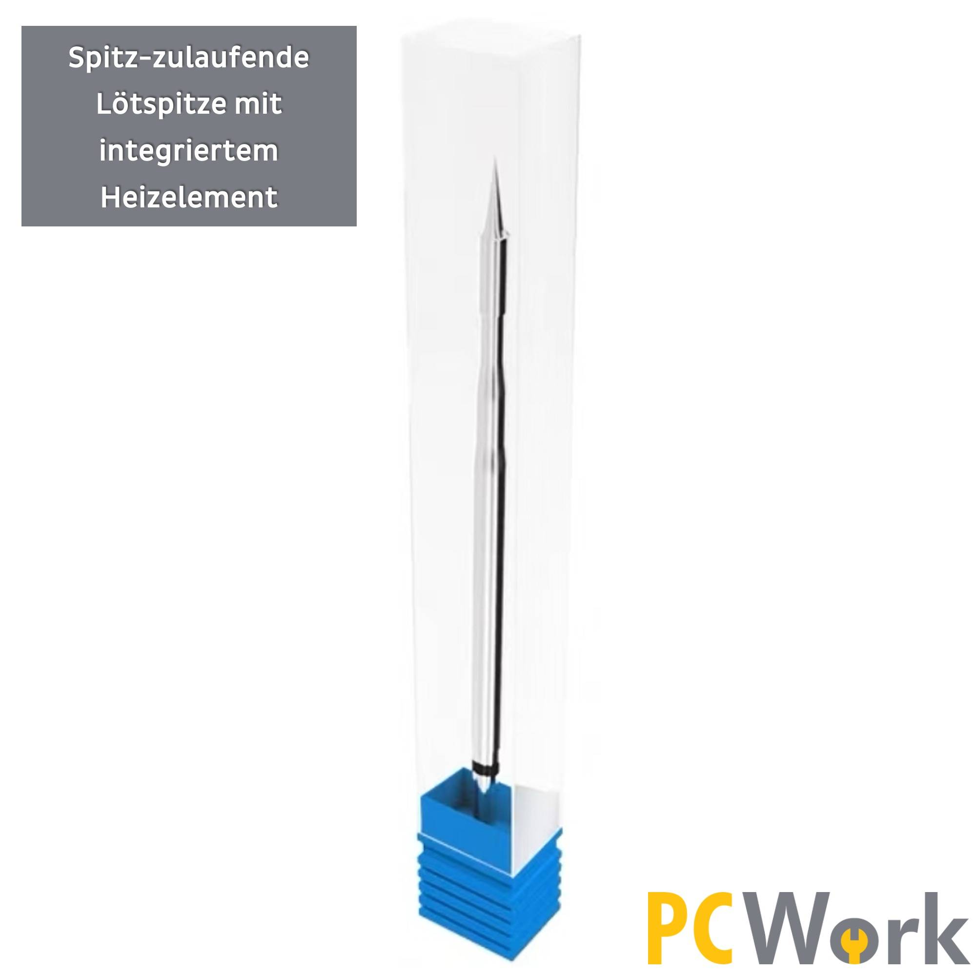 Detailansicht der spitz-zulaufenden Lötspitze des PCWork PCW09D Lötkolbens mit integriertem Heizelement für schnelles Aufheizen.