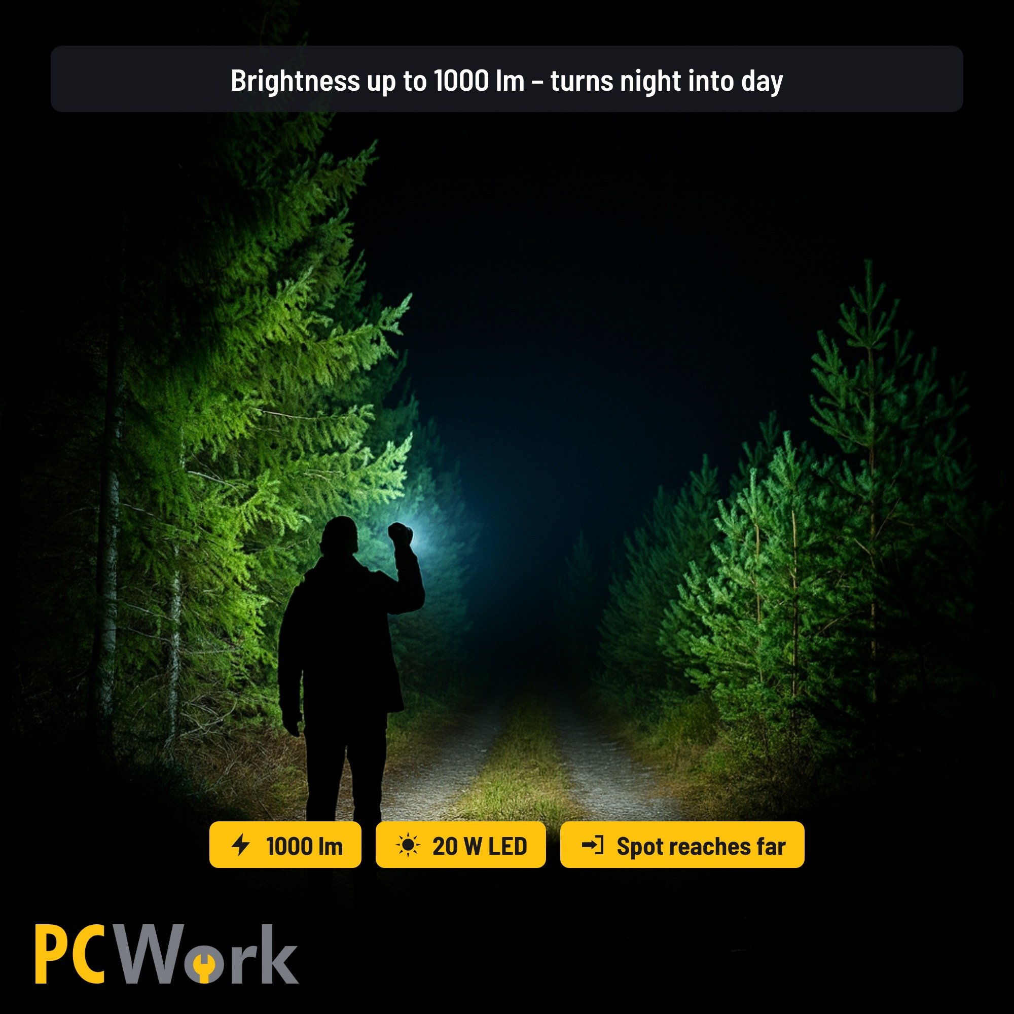 Leuchtkraft-Visualisierung der PCW12M LED-Taschenlampe im nächtlichen Außeneinsatz auf Englisch